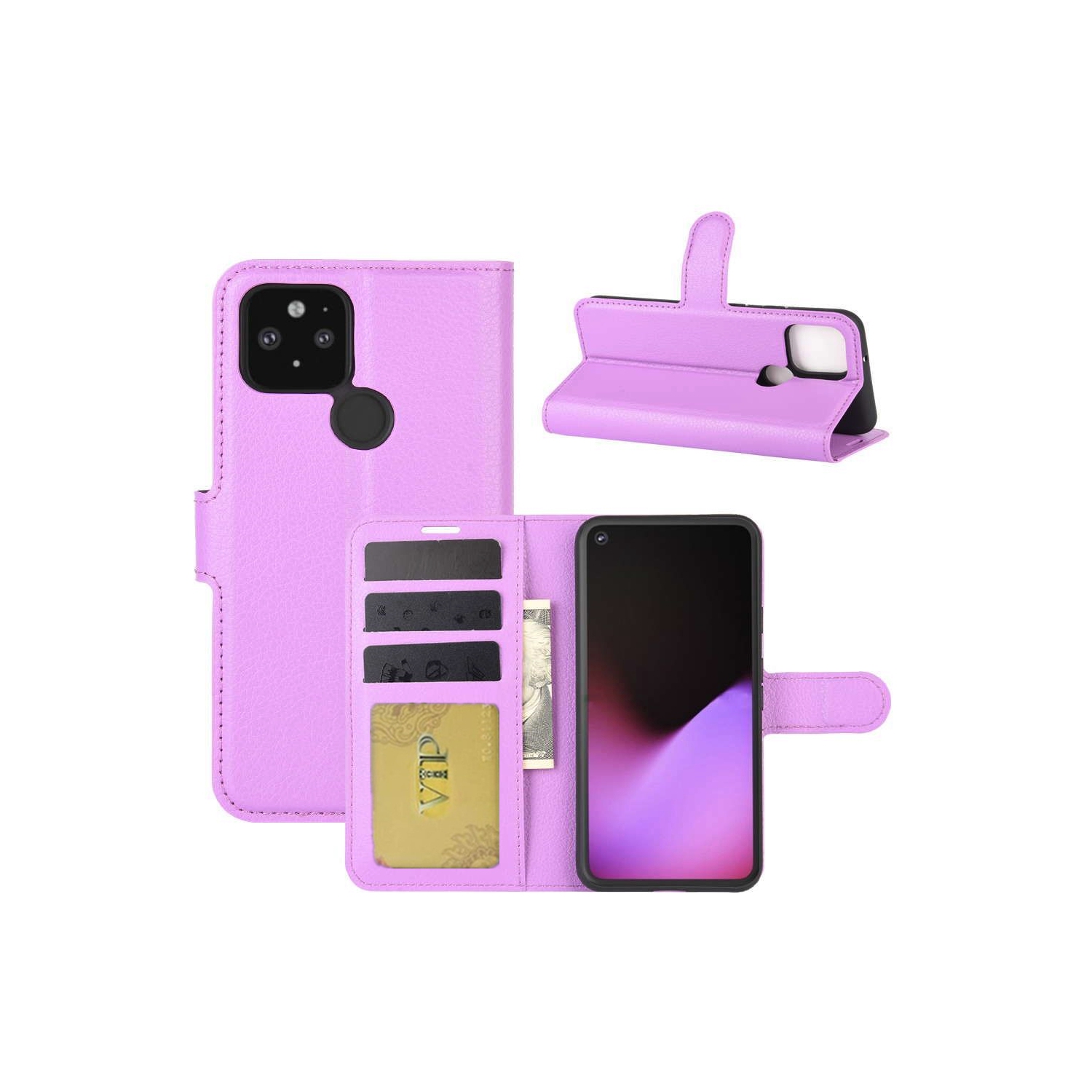 [CS] Google Pixel 4a 5G 2020 Case, Magnetic Leather Folio Wallet Flip Case Cover with Card Slot, Purple