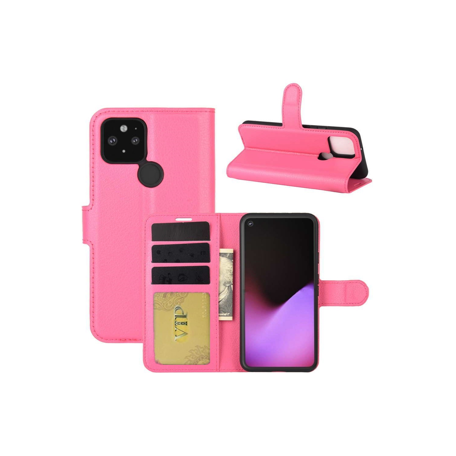 [CS] Google Pixel 4a 5G 2020 Case, Magnetic Leather Folio Wallet Flip Case Cover with Card Slot, Hot Pink