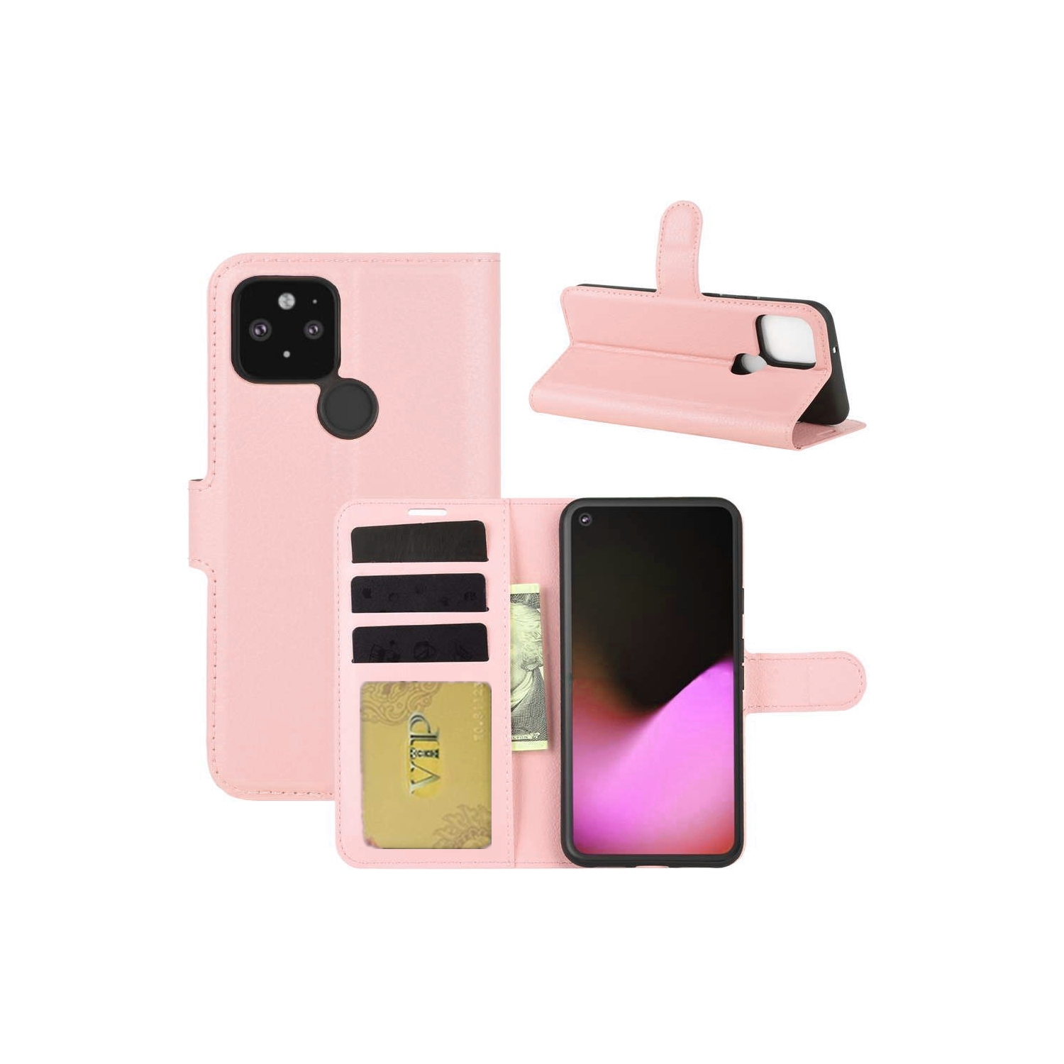 [CS] Google Pixel 4a 5G 2020 Case, Magnetic Leather Folio Wallet Flip Case Cover with Card Slot, Rose Gold