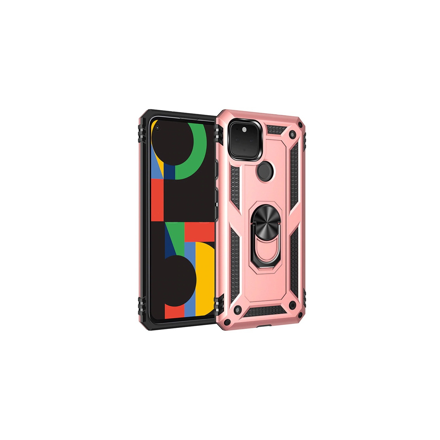 【CSmart】 Anti-Drop Hybrid Magnetic Hard Armor Case with Ring Holder for Pixel 4a 5G 2020, Rose Gold