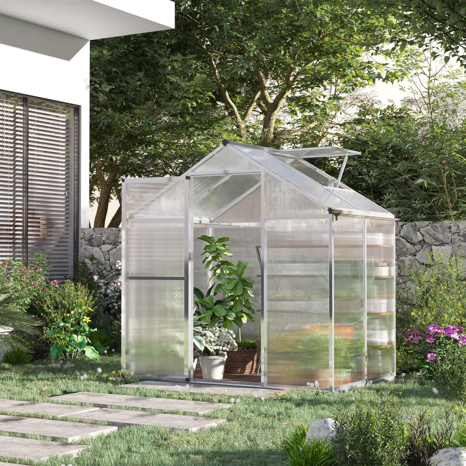 Greenhouse en polycarbonate Outsunny, 6 x 4 x 6,4 pi, ensemble de maison en aluminium vert, plantes cultivées avec gouttière et évent de toit, argent