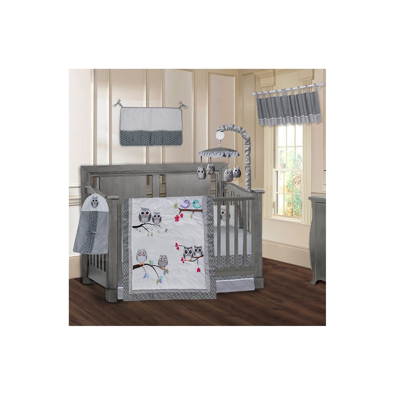 Ensemble de literie 9 pièces pour lit de bébé Owl de BabyFad, gris