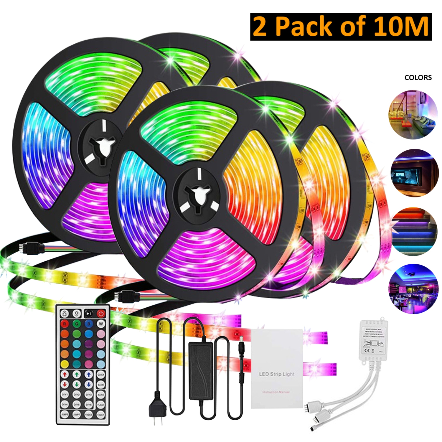 2 Pack of Navor LED Light Strip, 10M/32.8ft 300 LED RGB SMD 5050 Color Changing with 44 Keys Remote Control, IP65 Waterproof