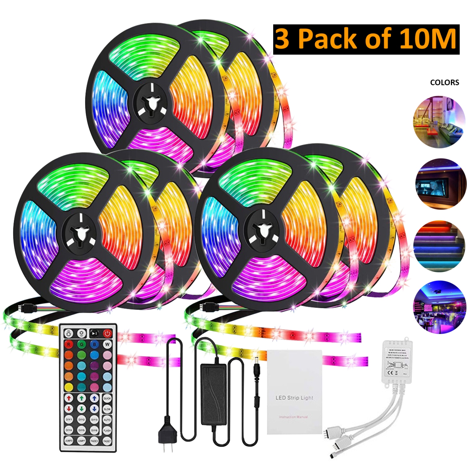 3 Pack of Navor LED Light Strip, 10M/32.8ft 300 LED RGB SMD 5050 Color Changing with 44 Keys Remote Control, IP65 Waterproof