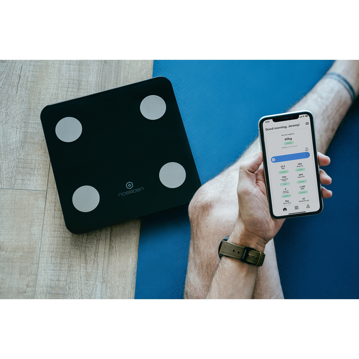 NOERDEN - pèse-personne intelligent minimum - pèse-personne avec technologie de marche, Bluetooth, écran DEL, verre trempé, technologie avancée de