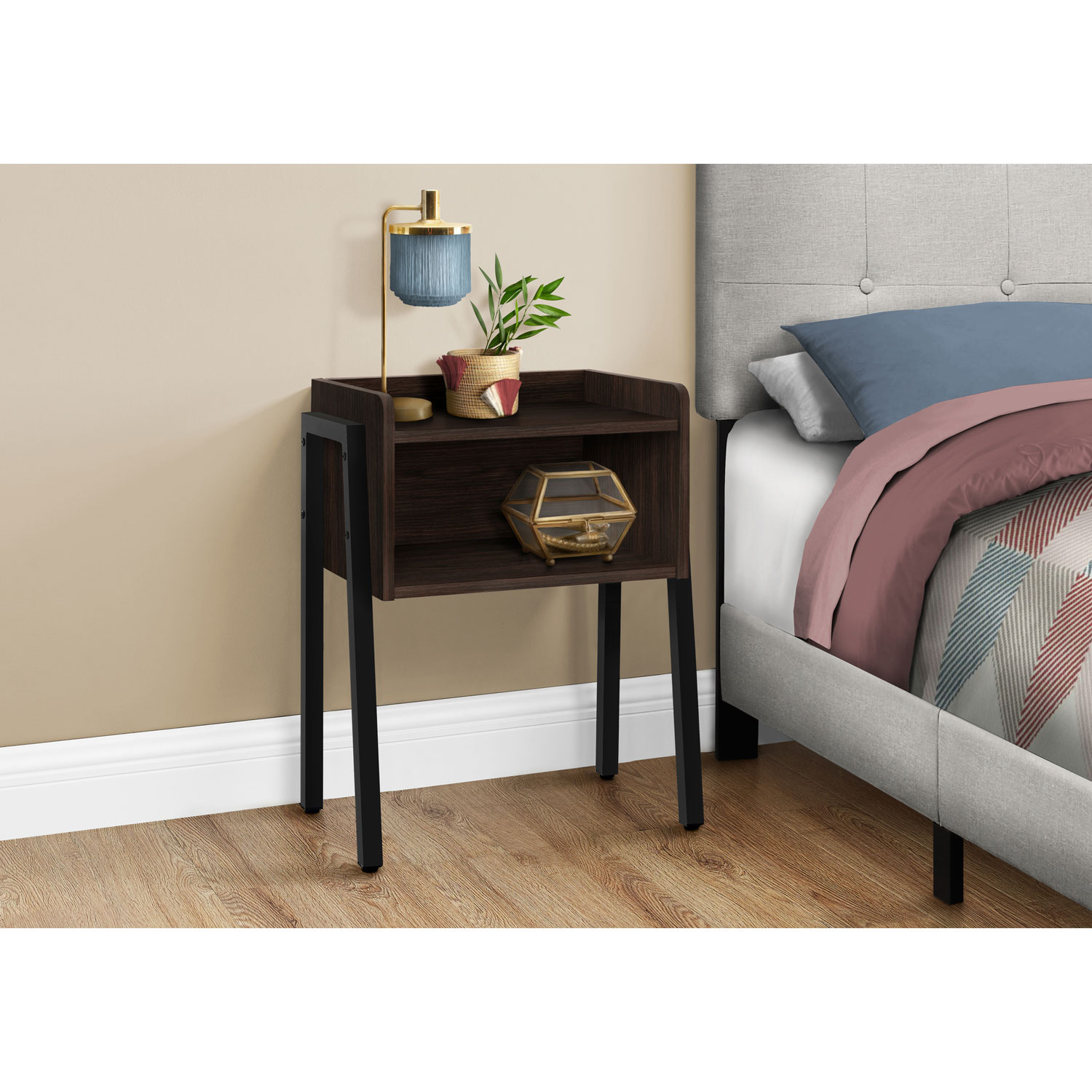 Monarch Contemporary Rectangular End Table with Shelf - Espresso/Black