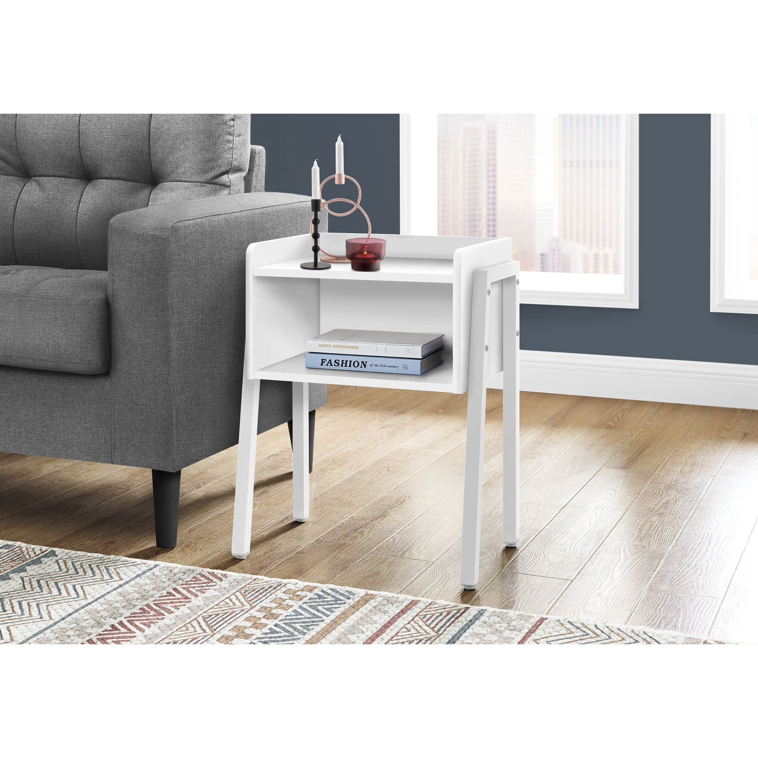 Monarch Contemporary Rectangular End Table with Shelf - White