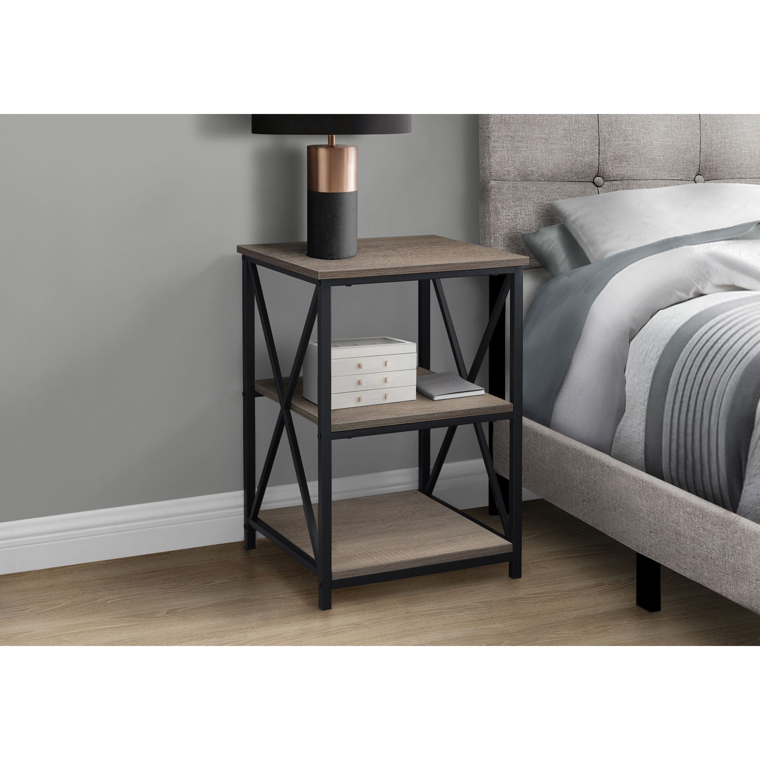 Monarch Contemporary Square End Table with Shelves - Dark Taupe/Black