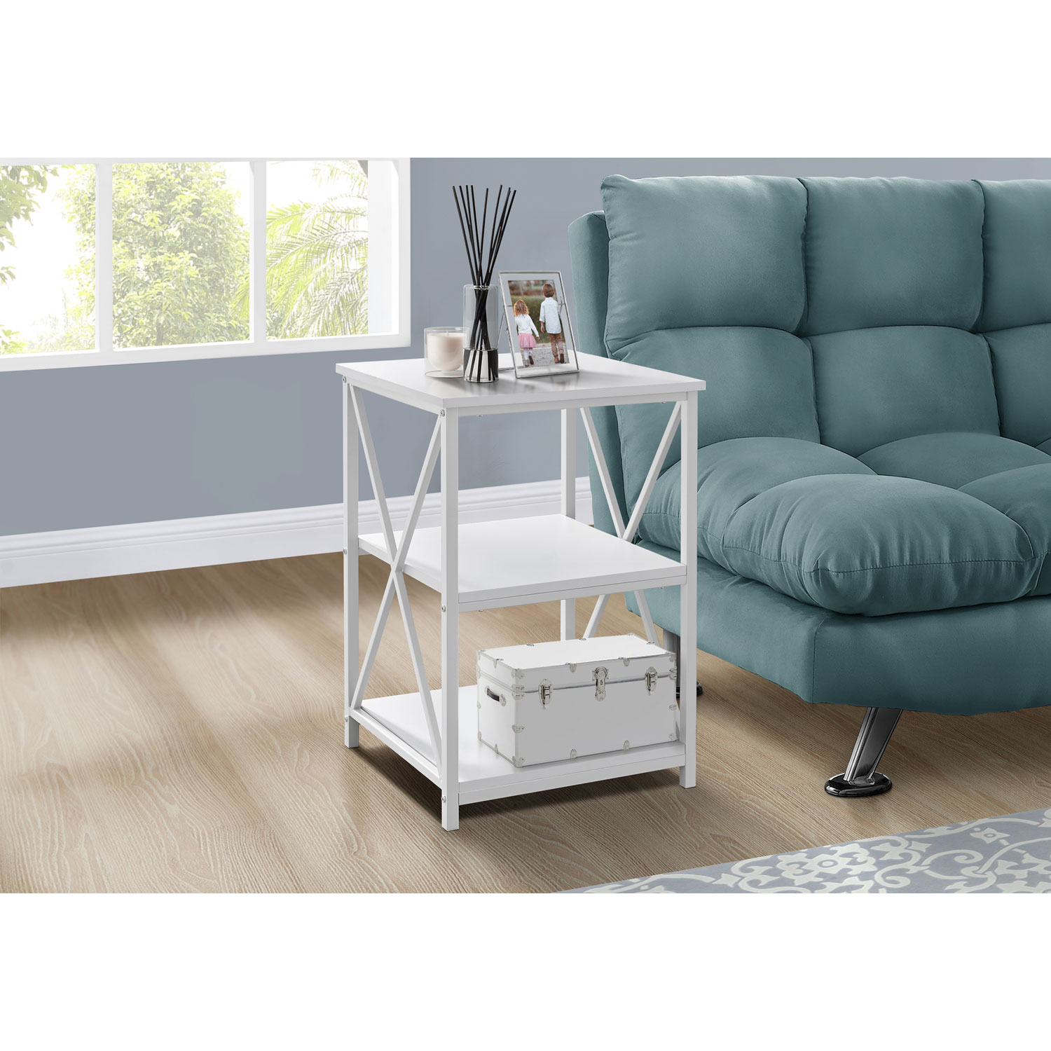 Monarch Contemporary Square End Table with Shelves - White