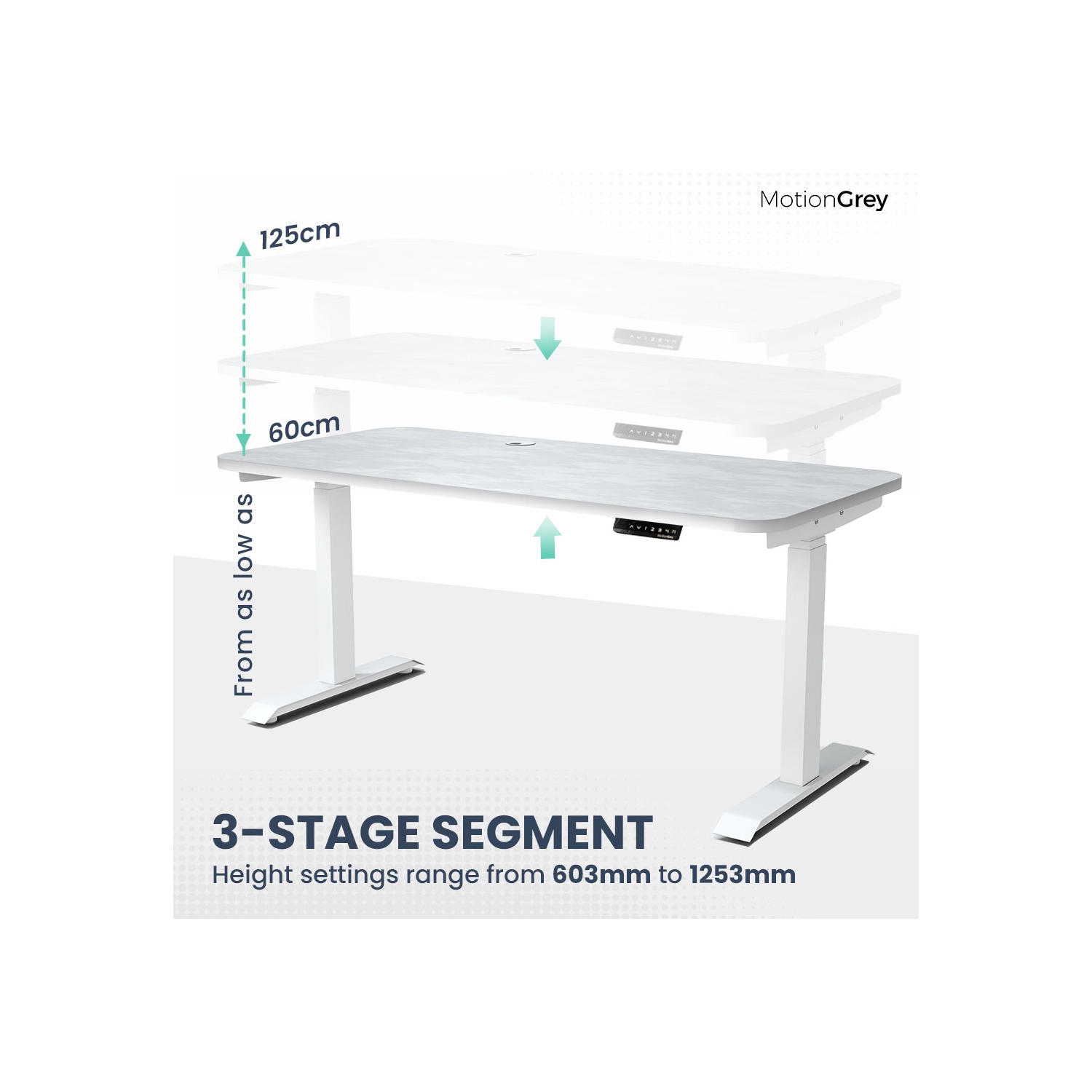 MotionGrey Height Adjustable German Electric Dual Motors Sit to Stand Computer Home Table and Office Standing Desk- White Frame with Tabletop