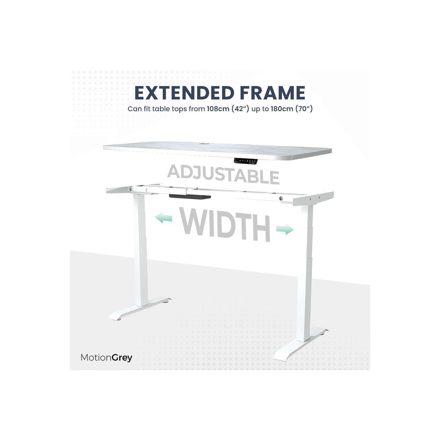 MotionGrey Height Adjustable German Electric Dual Motors Sit to Stand Computer Home Table and Office Standing Desk- White Frame with Tabletop