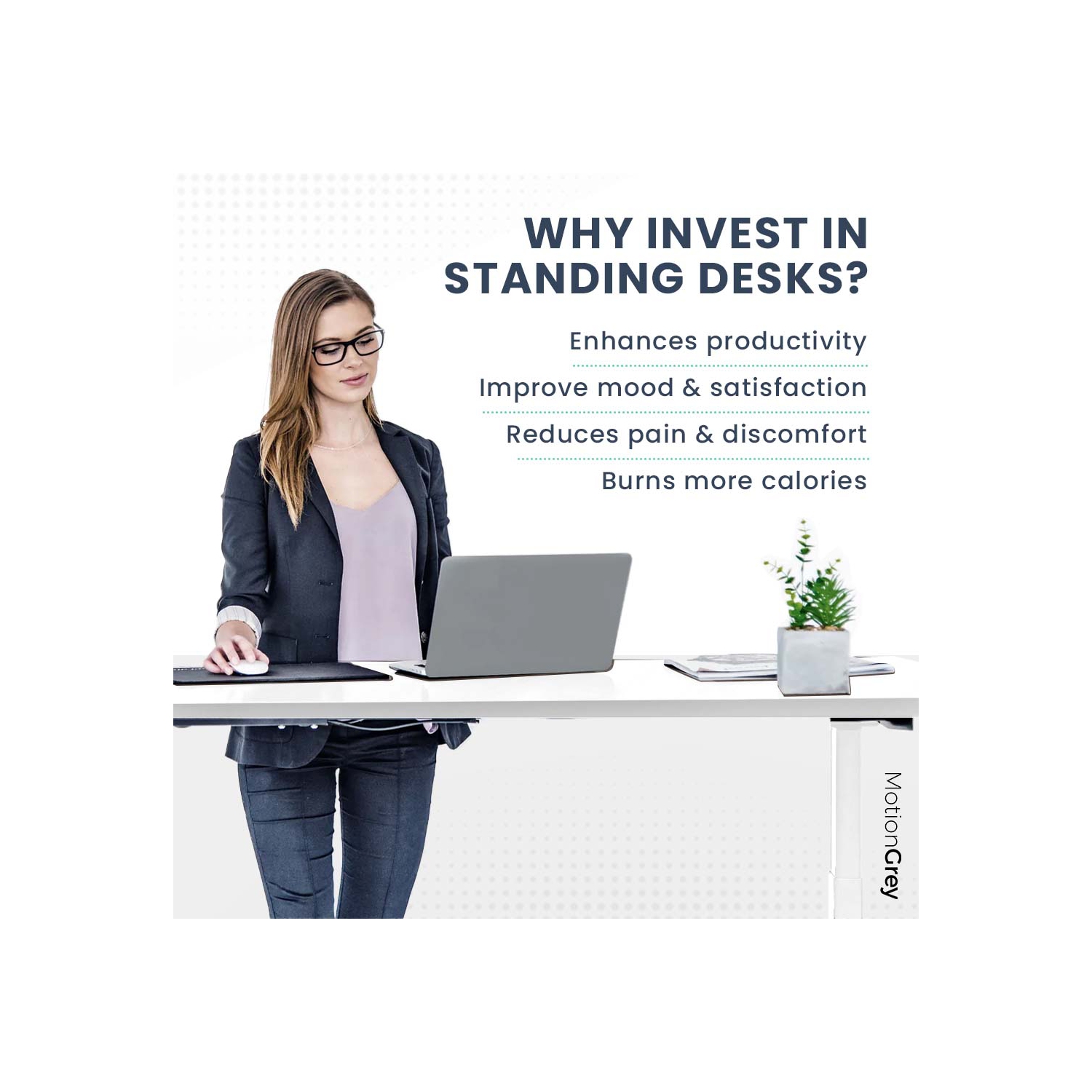 MotionGrey Height Adjustable German Electric Dual Motors Sit to Stand Computer Home Table and Office Standing Desk- White Frame with Tabletop