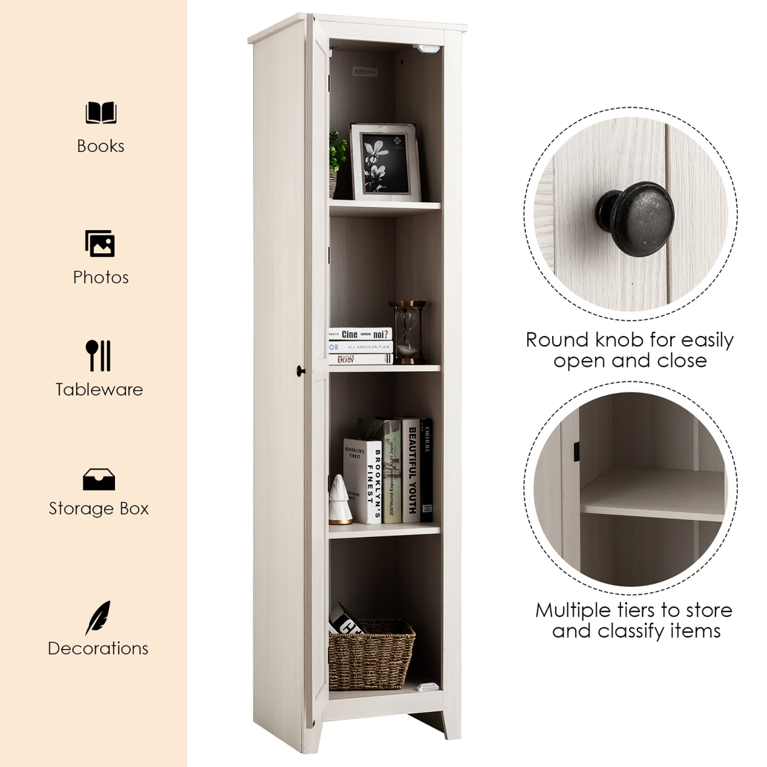 Costway Linen Tower Bathroom Storage Cabinet Tall Slim Side Organizer w/ Shelf
