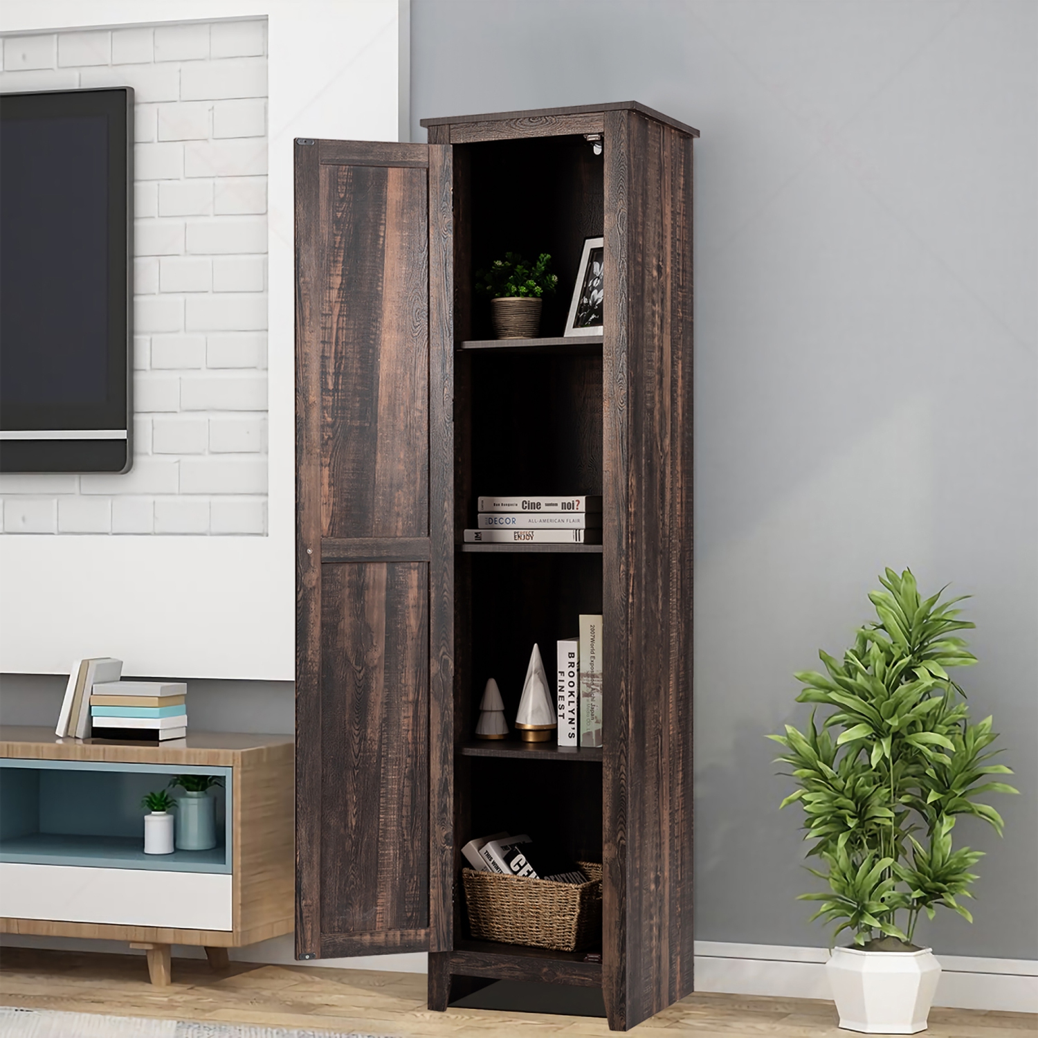 Costway Linen Tower Bathroom Storage Cabinet Tall Slim Side Organizer w/ Shelf White BlackWalnut