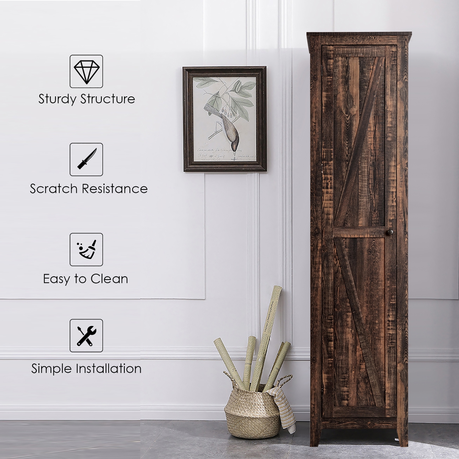 Costway Linen Tower Bathroom Storage Cabinet Tall Slim Side Organizer w/ Shelf White BlackWalnut