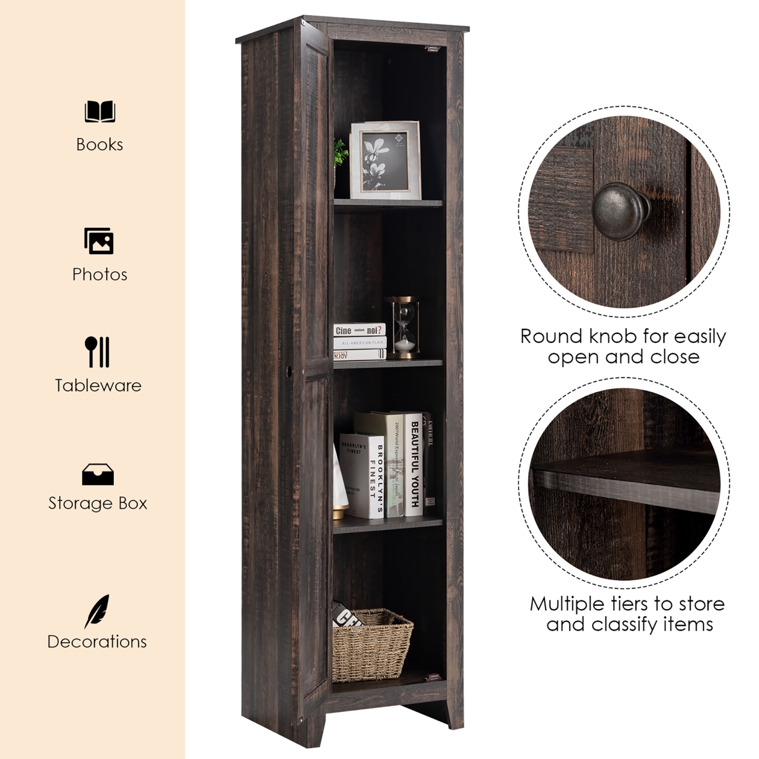 Costway Linen Tower Bathroom Storage Cabinet Tall Slim Side Organizer w/ Shelf White BlackWalnut