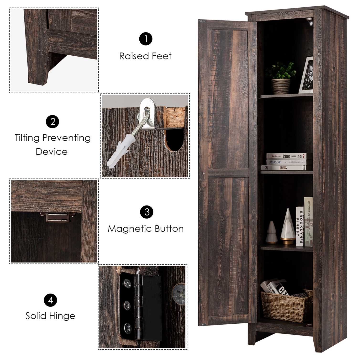 Costway Linen Tower Bathroom Storage Cabinet Tall Slim Side Organizer w/ Shelf White BlackWalnut