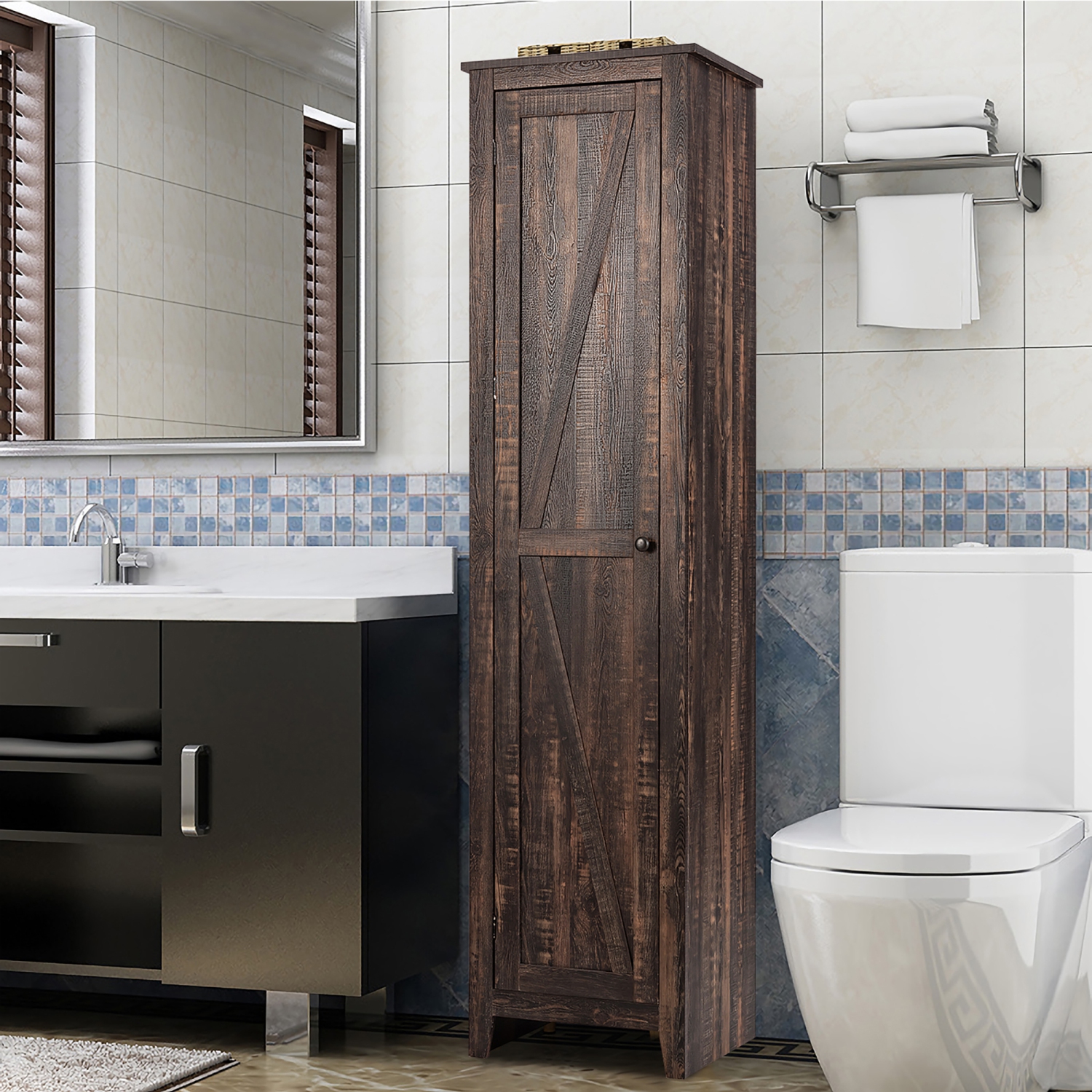 Costway Linen Tower Bathroom Storage Cabinet Tall Slim Side Organizer w/ Shelf White BlackWalnut