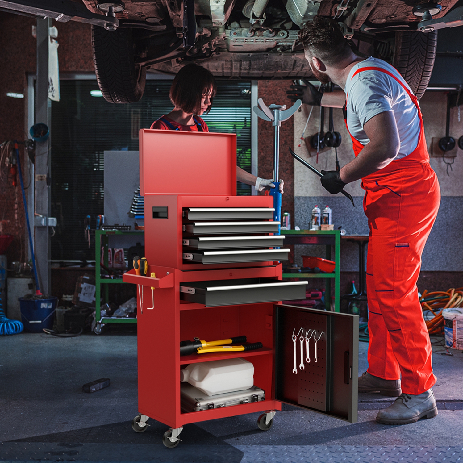 2 in 1 Tool Chest & Cabinet with 5 Sliding Drawers Rolling Garage Organizer