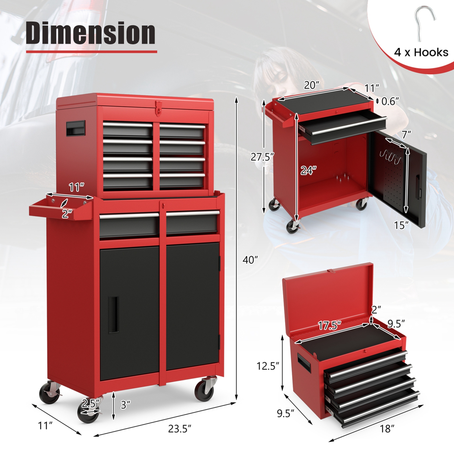 2 in 1 Tool Chest & Cabinet with 5 Sliding Drawers Rolling Garage Organizer