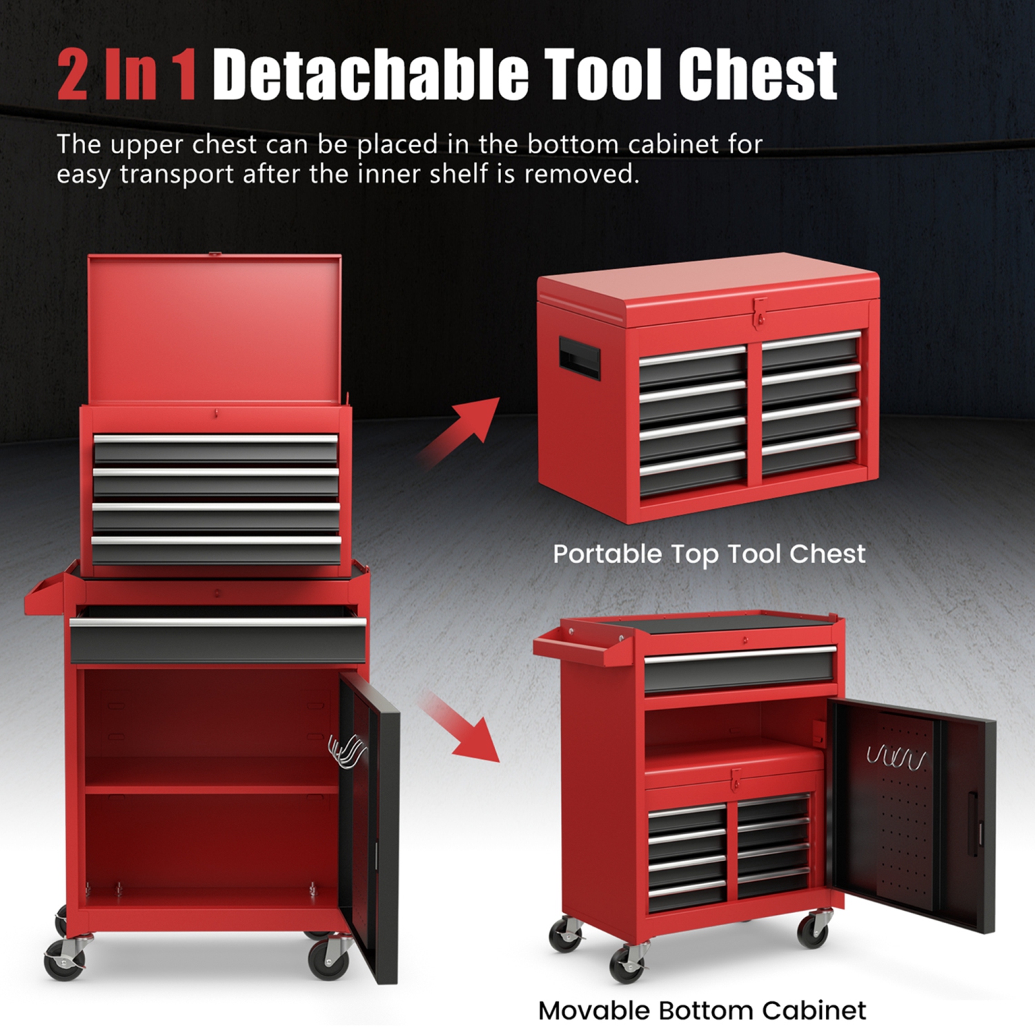 2 in 1 Tool Chest & Cabinet with 5 Sliding Drawers Rolling Garage Organizer