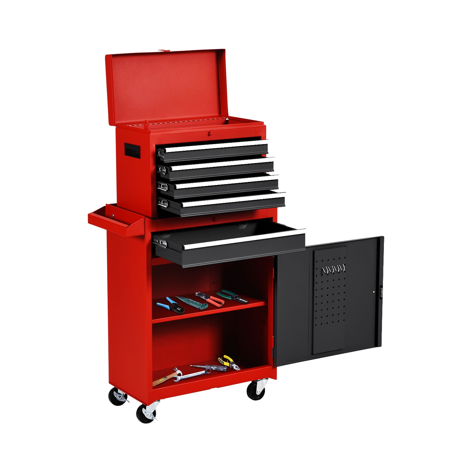 2 in 1 Tool Chest & Cabinet with 5 Sliding Drawers Rolling Garage Organizer