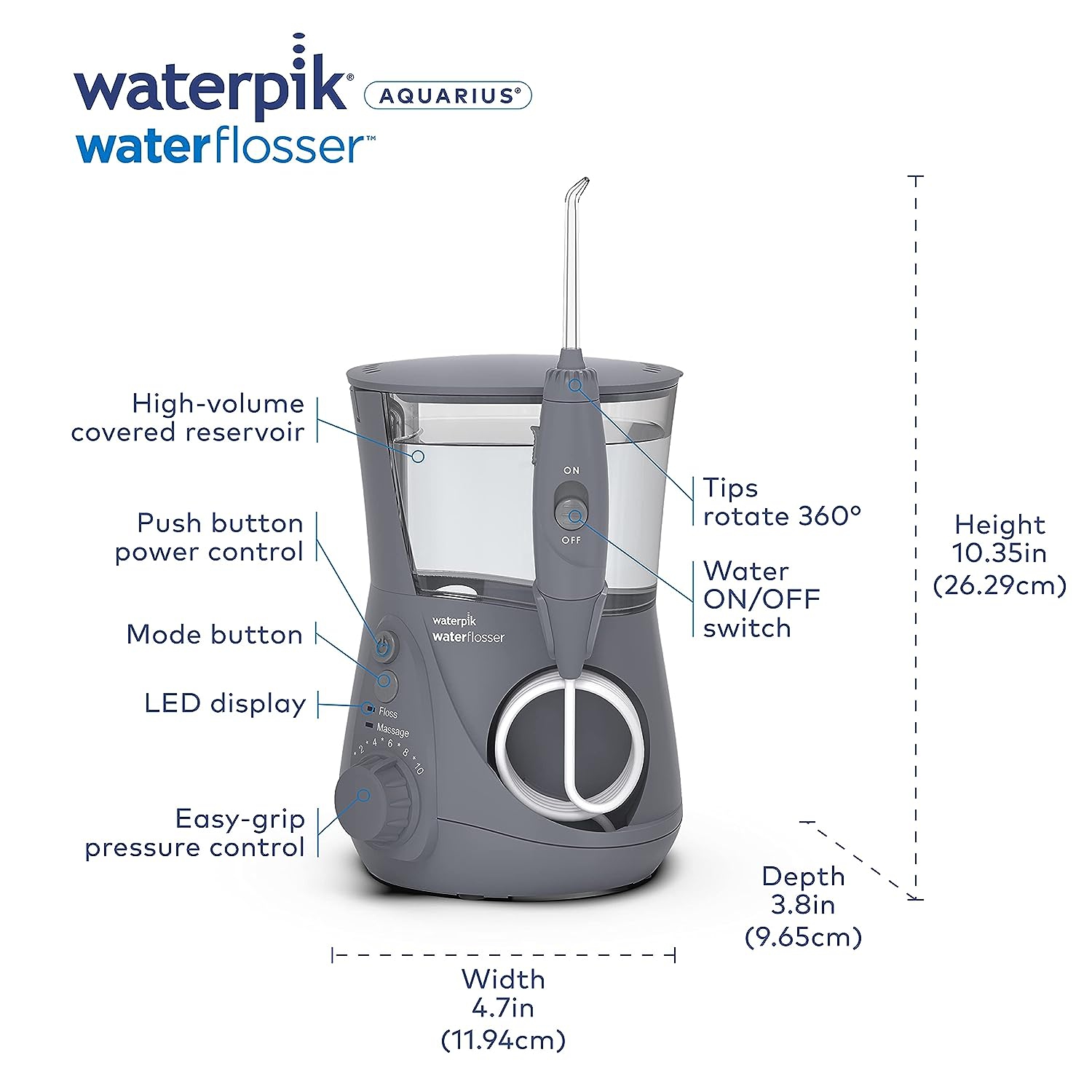 Arroseur de comptoir dentaire électrique Waterpik pour dents – Aquarius Professional, WP-667 Modern Grey