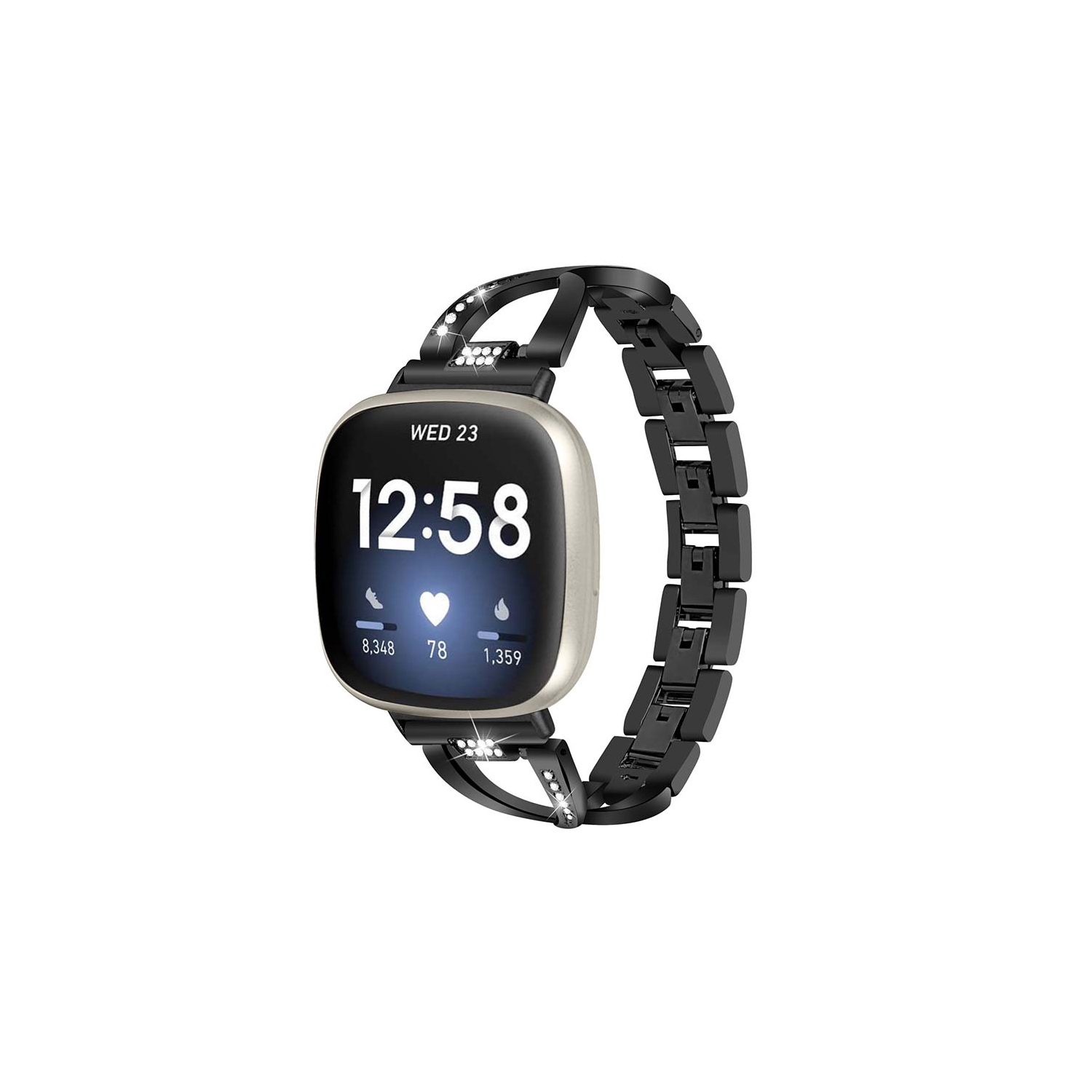 StrapsCo Metal Alloy Jewellery Bracelet Watch Band Strap with Rhinestones for Fitbit Versa 3 - Black