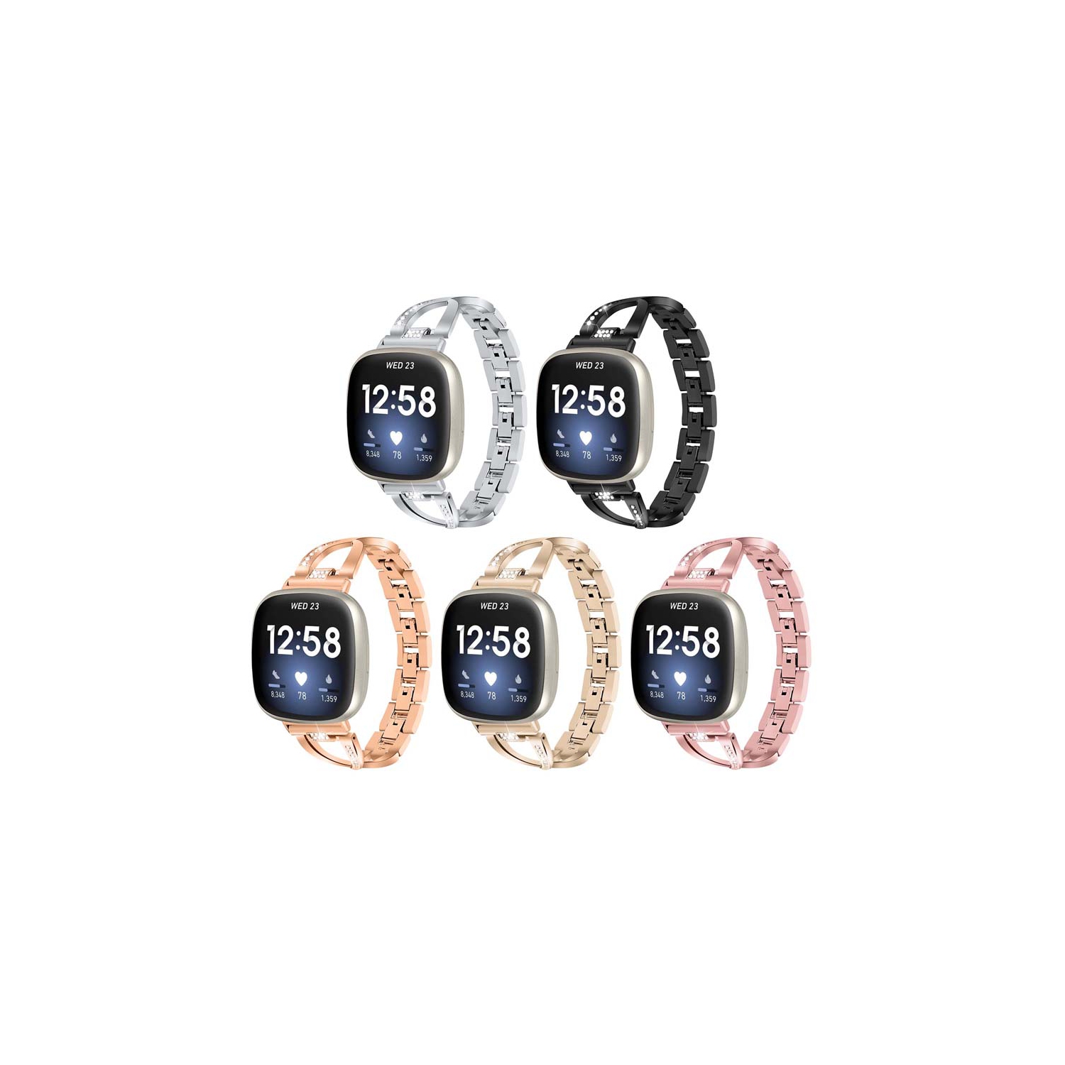 StrapsCo Metal Alloy Jewellery Bracelet Watch Band Strap with Rhinestones for Fitbit Versa 3 - Black