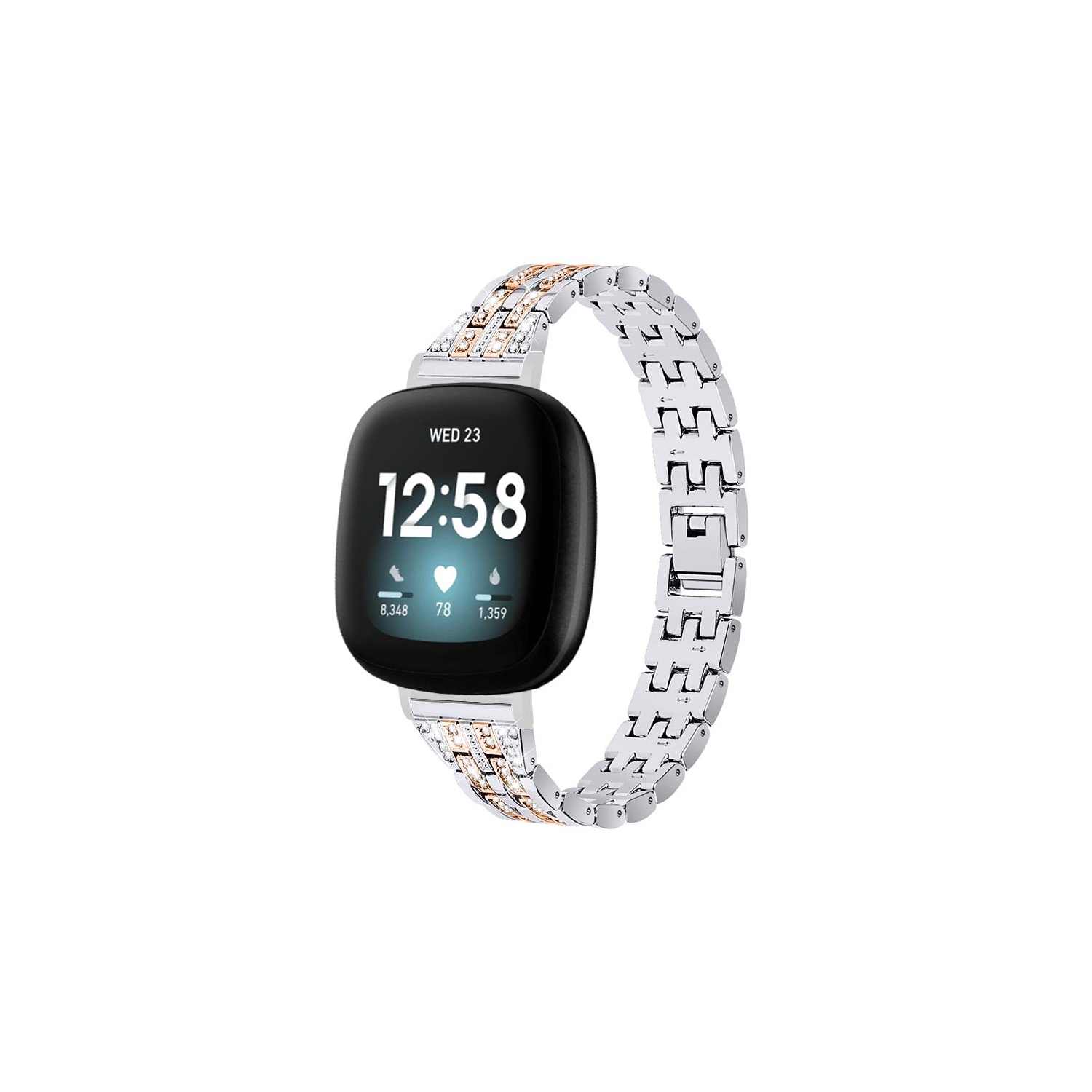 StrapsCo Chain Link Metal Alloy Bracelet Watch Band Strap with Rhinestones for Fitbit Versa 3 - Silver & Rose Gold