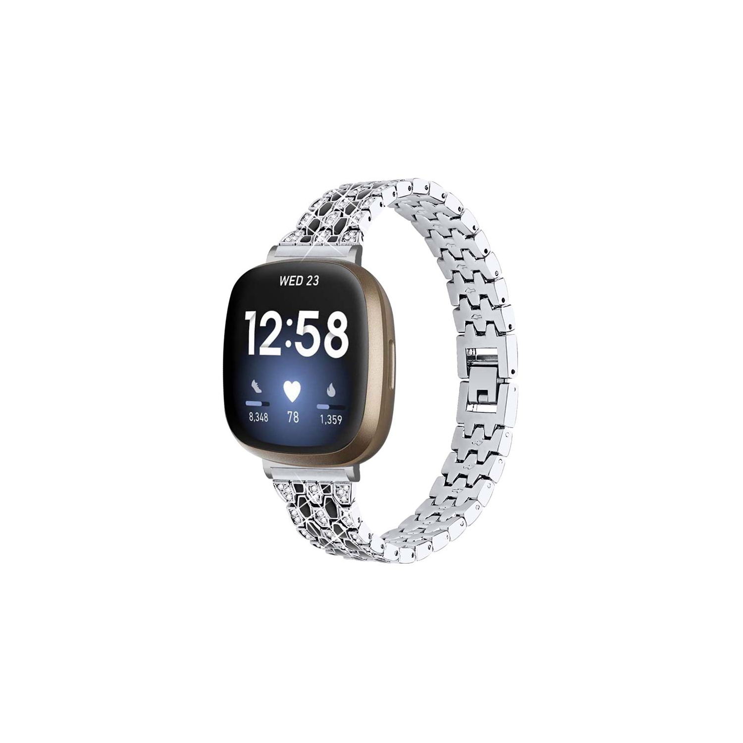 StrapsCo Metal Alloy Bracelet Watch Band Strap with Rhinestones for Fitbit Sense - Silver