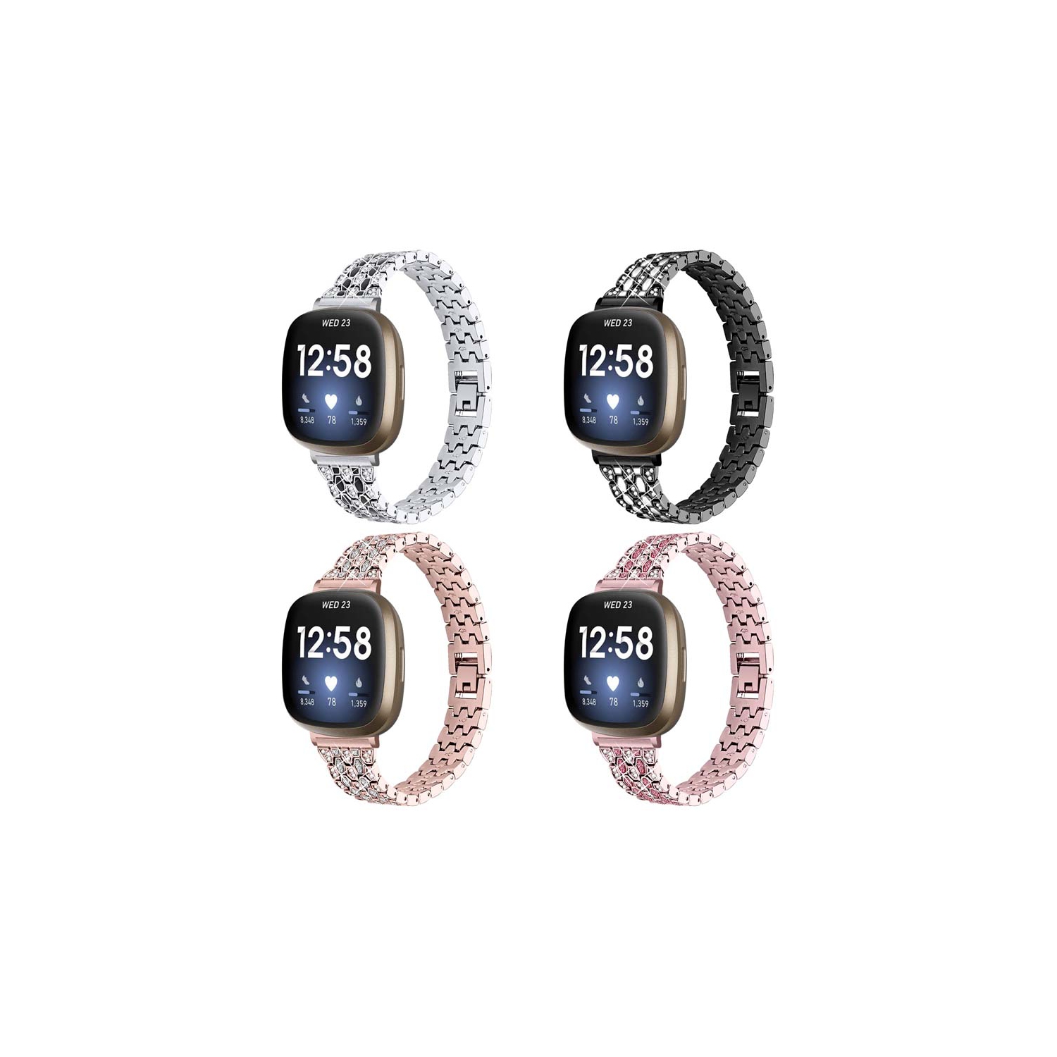 StrapsCo Metal Alloy Bracelet Watch Band Strap with Rhinestones for Fitbit Sense - Silver