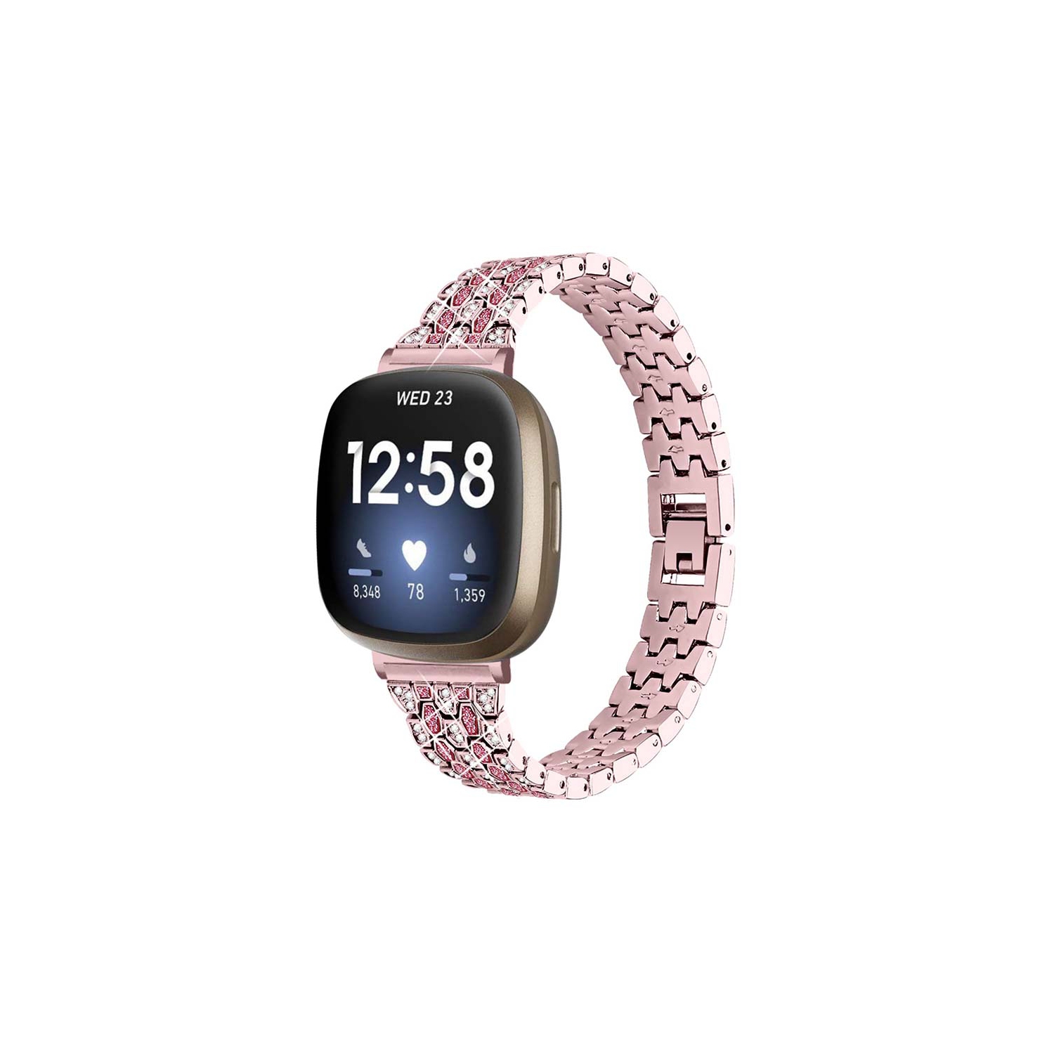 StrapsCo Metal Alloy Bracelet Watch Band Strap with Rhinestones for Fitbit Sense - Pink Gold