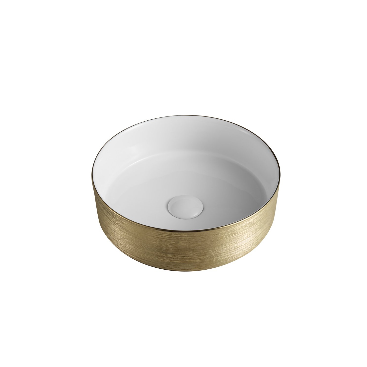 FRIDO-GD Bathroom Sink Round Modern Gold & White Ceramic Vessel w/ Pop Up Drain, By Agua Canada