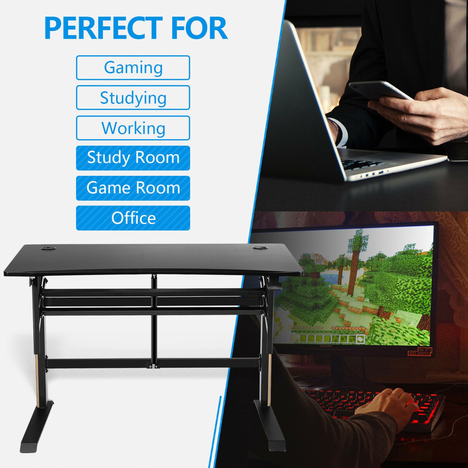 Gymax Pneumatic Height Adjustable Gaming Desk T Shaped Game Station w/Power Strip Tray
