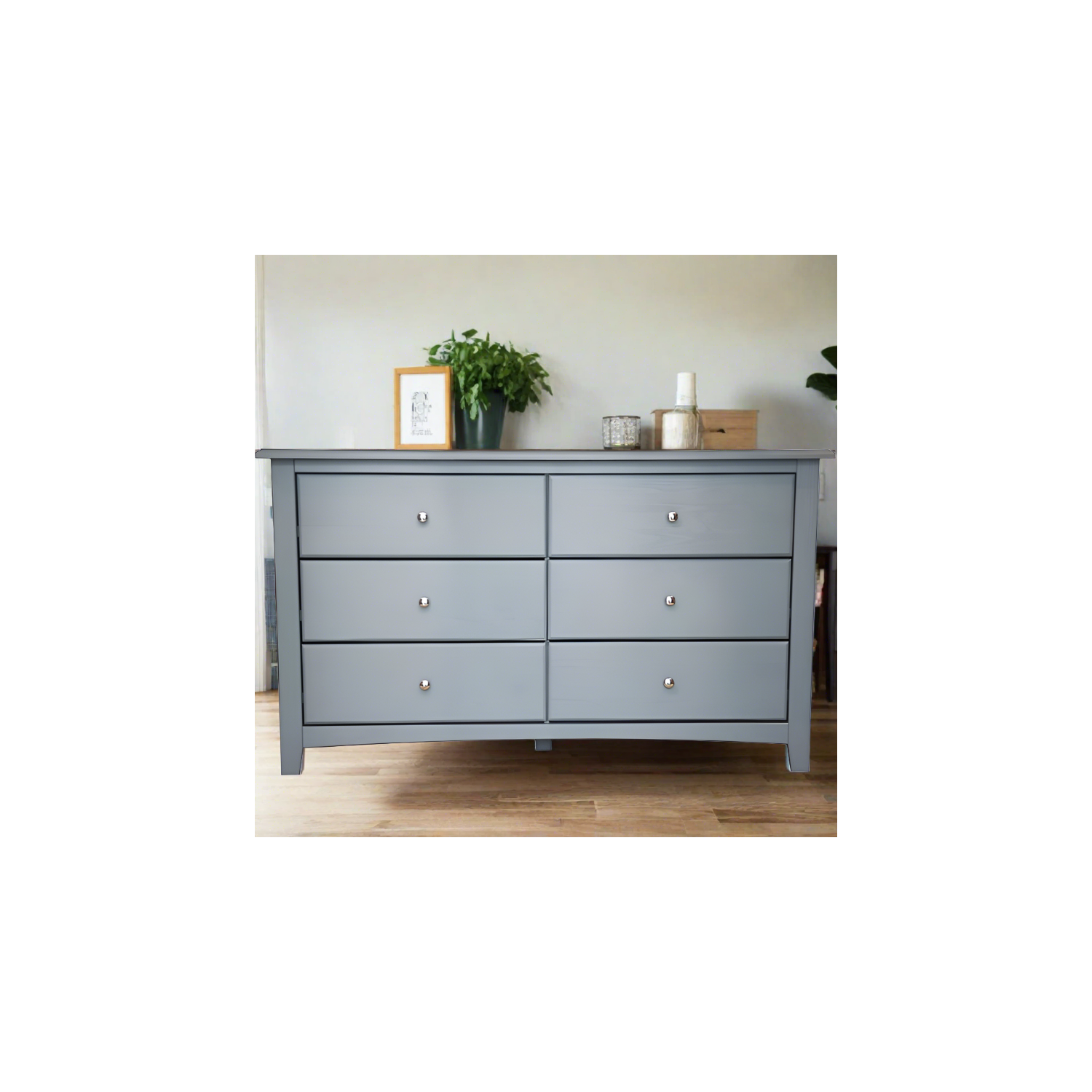 Commode en bois massif à six tiroirs gris