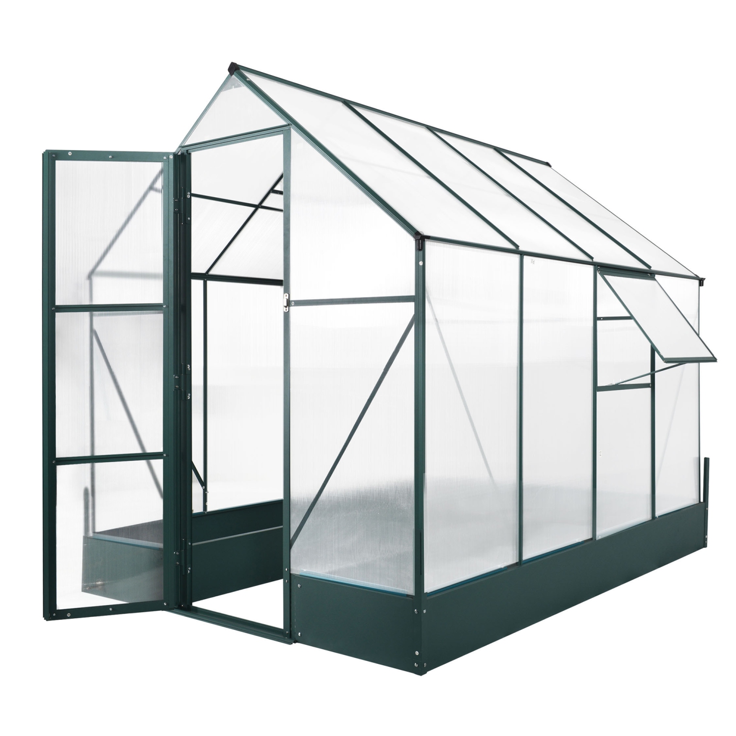 Outsunny 8.2' x 6.2' Upgraded Greenhouse with Temperature Controlled Window, Raised Garden Bed and Foundation, Walk-in Outdoor Plant Garden Green House with Aluminum Alloy Frame