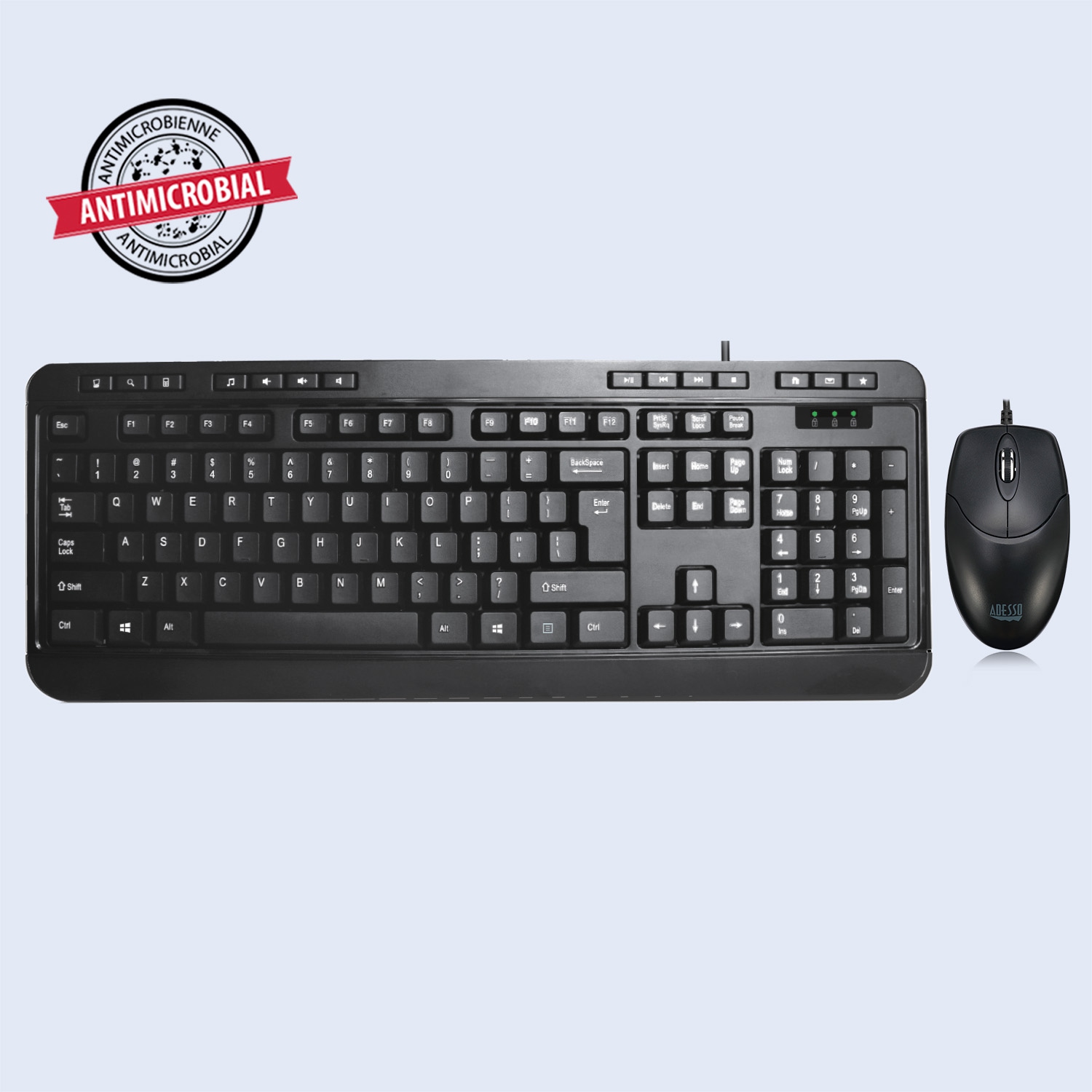 Adesso Antimicrobial Multimedia Desktop Keyboard & Mouse Combo - French -