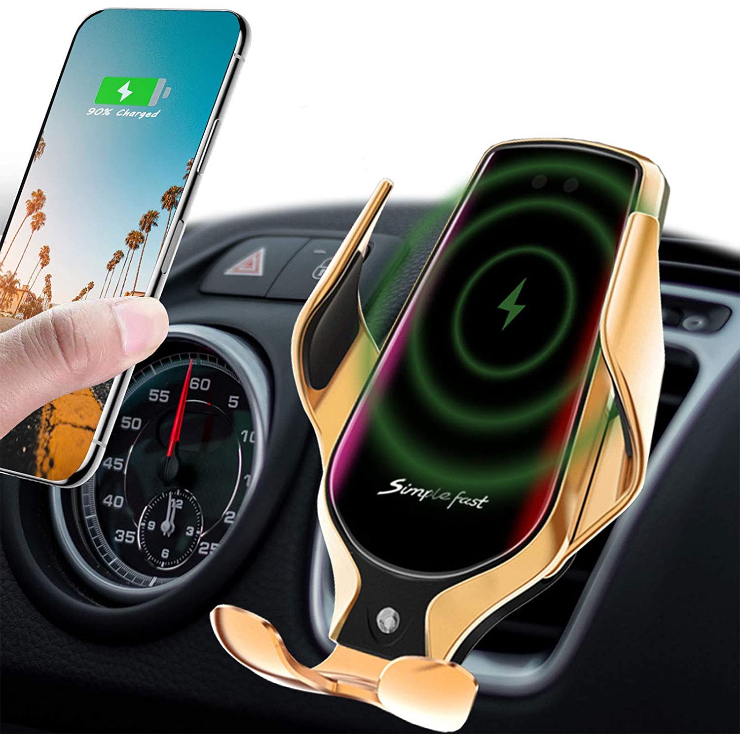 Wingomart R1 Wireless Car Charger Mount, Auto-Clamping Air Vent Phone Holder, 10W Qi Fast Car Charging, Compatible to iPhone 12/12Pro/11/11 Pro/XS Max/X/8/8+, Samsung Note9/Note10/S9+/S10+ [GOLD]