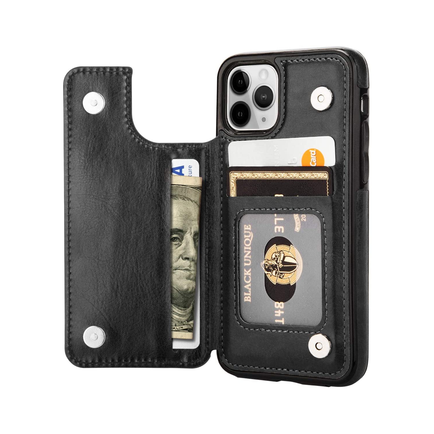 Leather Flip Wallet Case Card Holder Phone Back Cover for iPhone 12 Pro Max (Black)