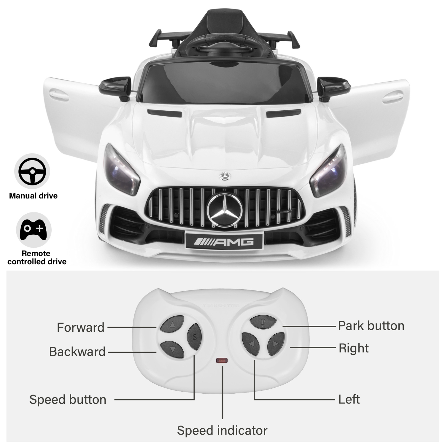 VOLTZ TOYS – voiture porteuse 12 V pour enfants, Mercedes-Benz GT R sous licence officielle avec télécommande, MP3 et éclairage à DEL – cadeau parfait