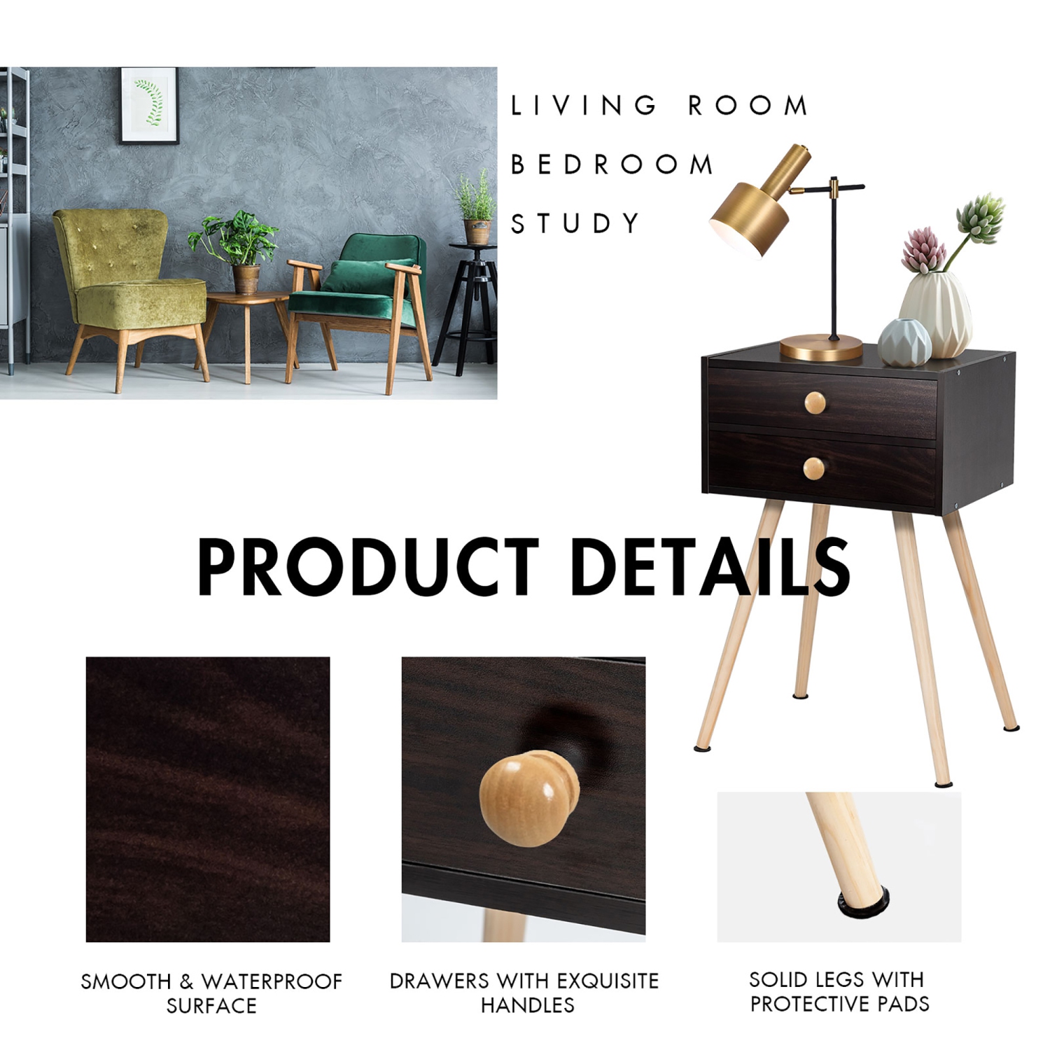 Costway 2 PCS Mid Century Modern 2 Drawers Nightstand Sofa Side Table End Table Espresso