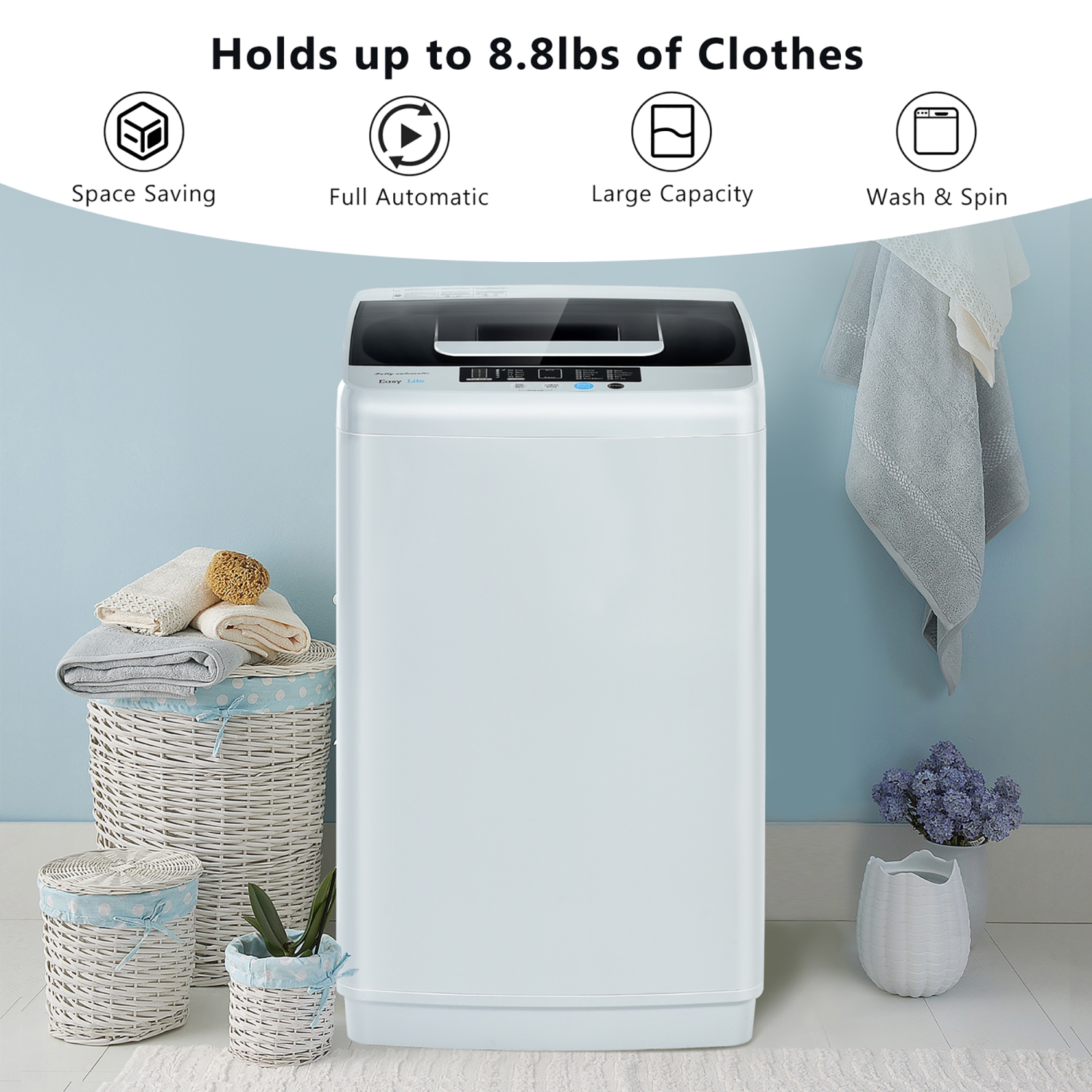 Costway Portable Full-Automatic Laundry Washing Machine 8.8lbs Spin Washer W/ Drain Pump