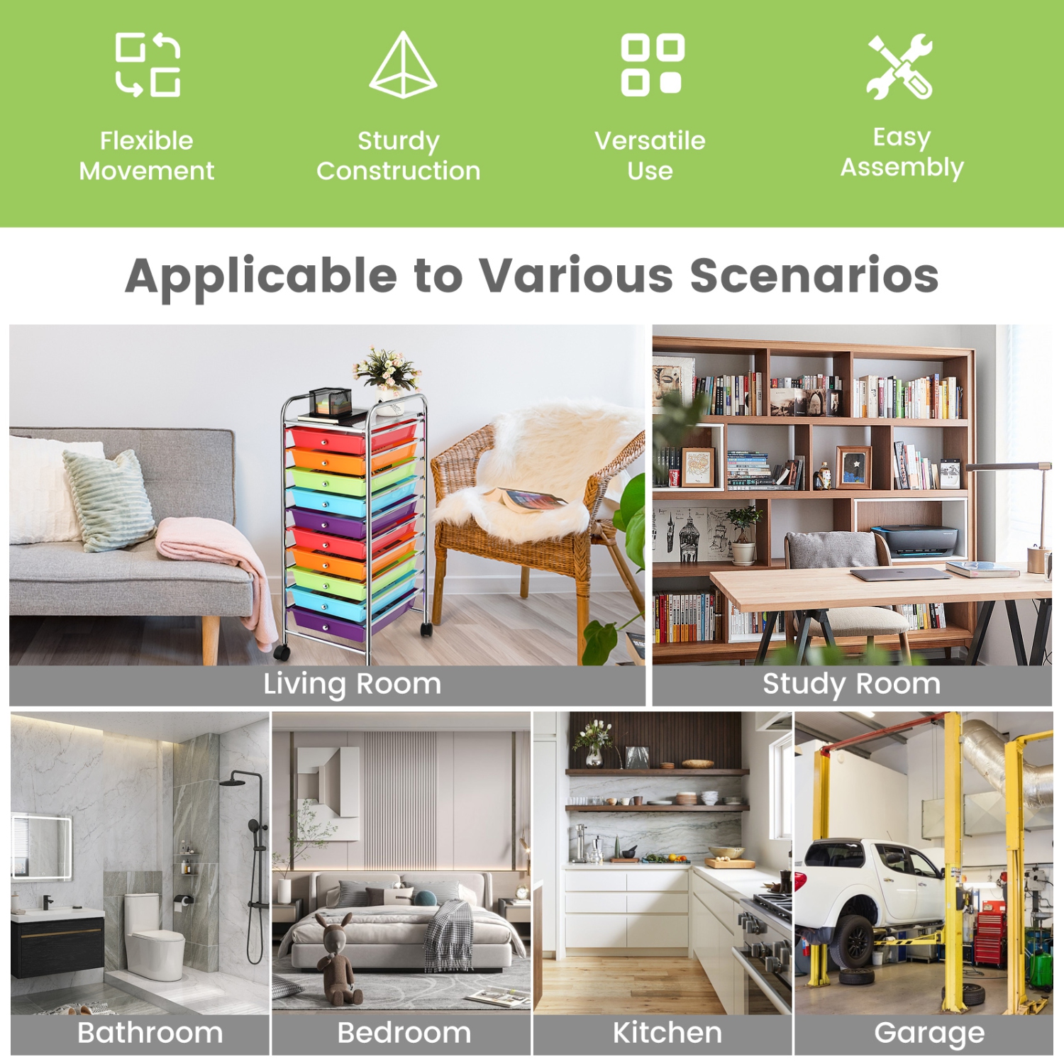 Costway 10 Drawer Rolling Storage Cart Scrapbook Office School Organizer Multicolor