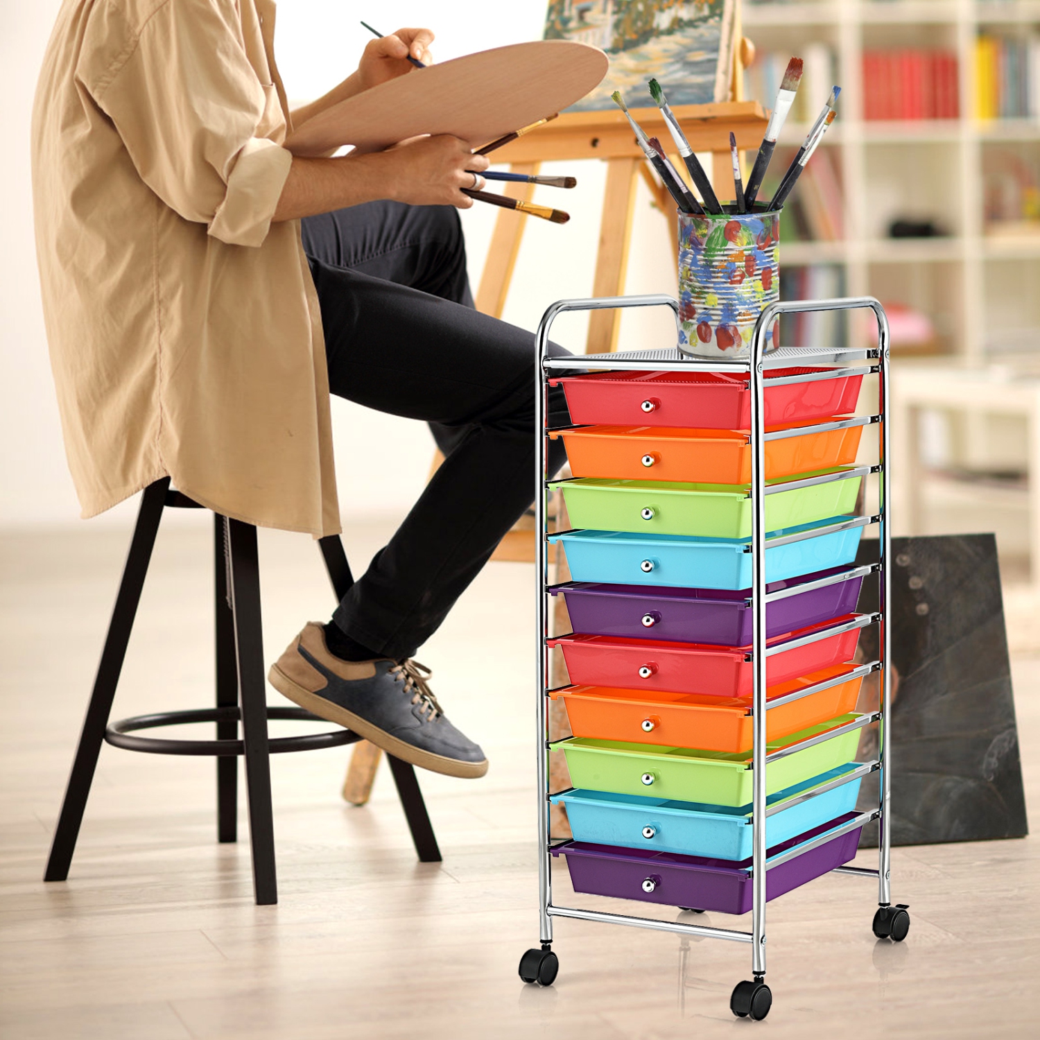 Costway 10 Drawer Rolling Storage Cart Scrapbook Office School Organizer Multicolor