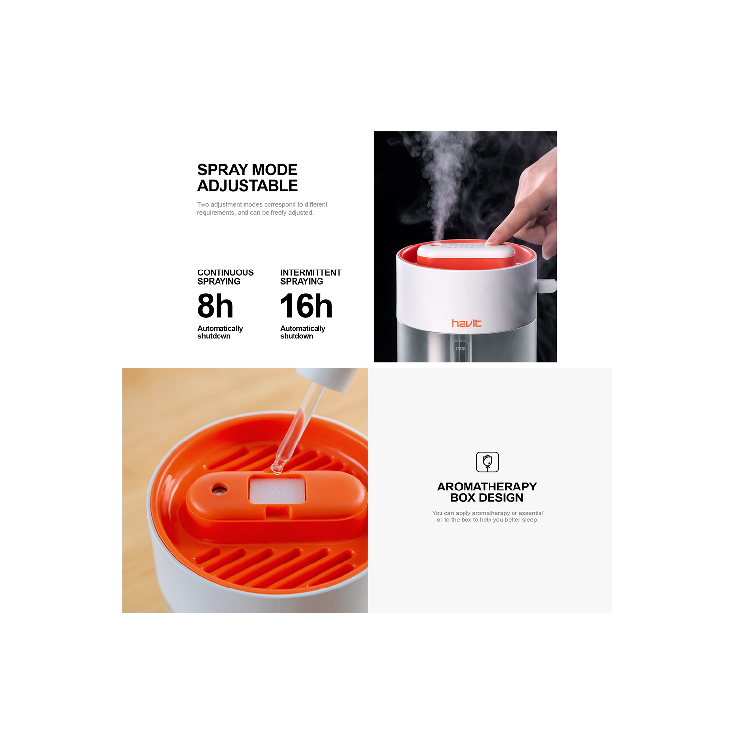 Havit 1.0L Upper-Inlet Mist Humidifier build-in aromatherapy box and light mode