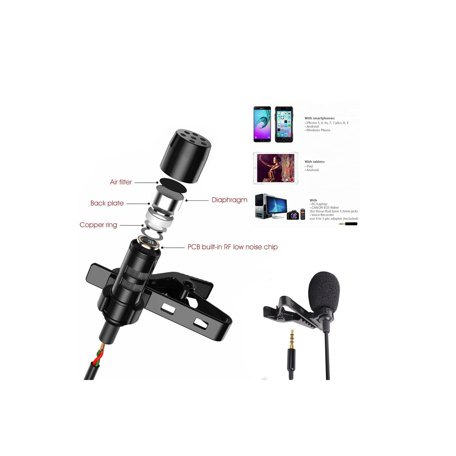 Micro-cravate à pince de 3,5 mm DE GREEN AUDIO pour ordinateur, appareils photo et téléphones intelligents