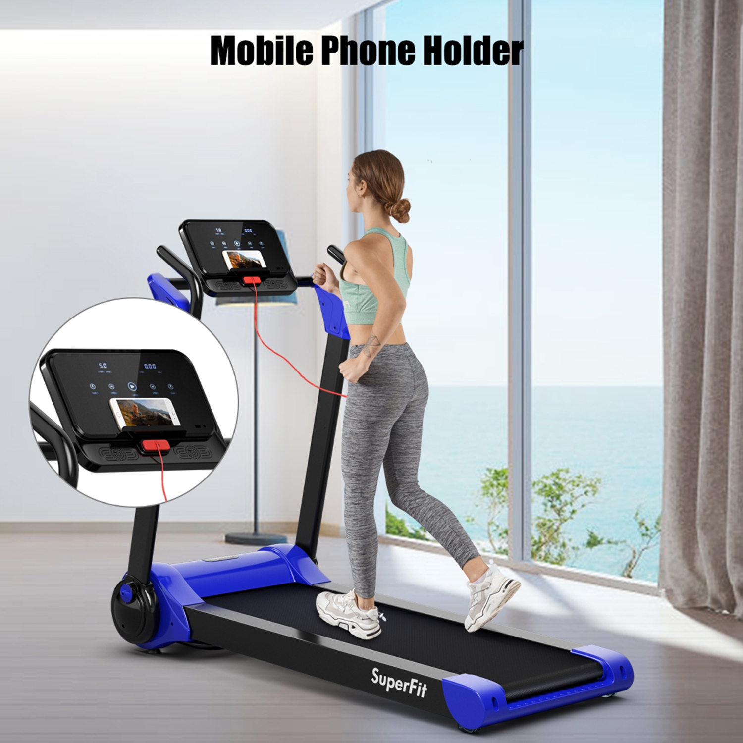SuperFit Compact Folding 2.25HP Electric Treadmill Running Machine w/ LED Display & Bluetooth Speakers - Blue/Black