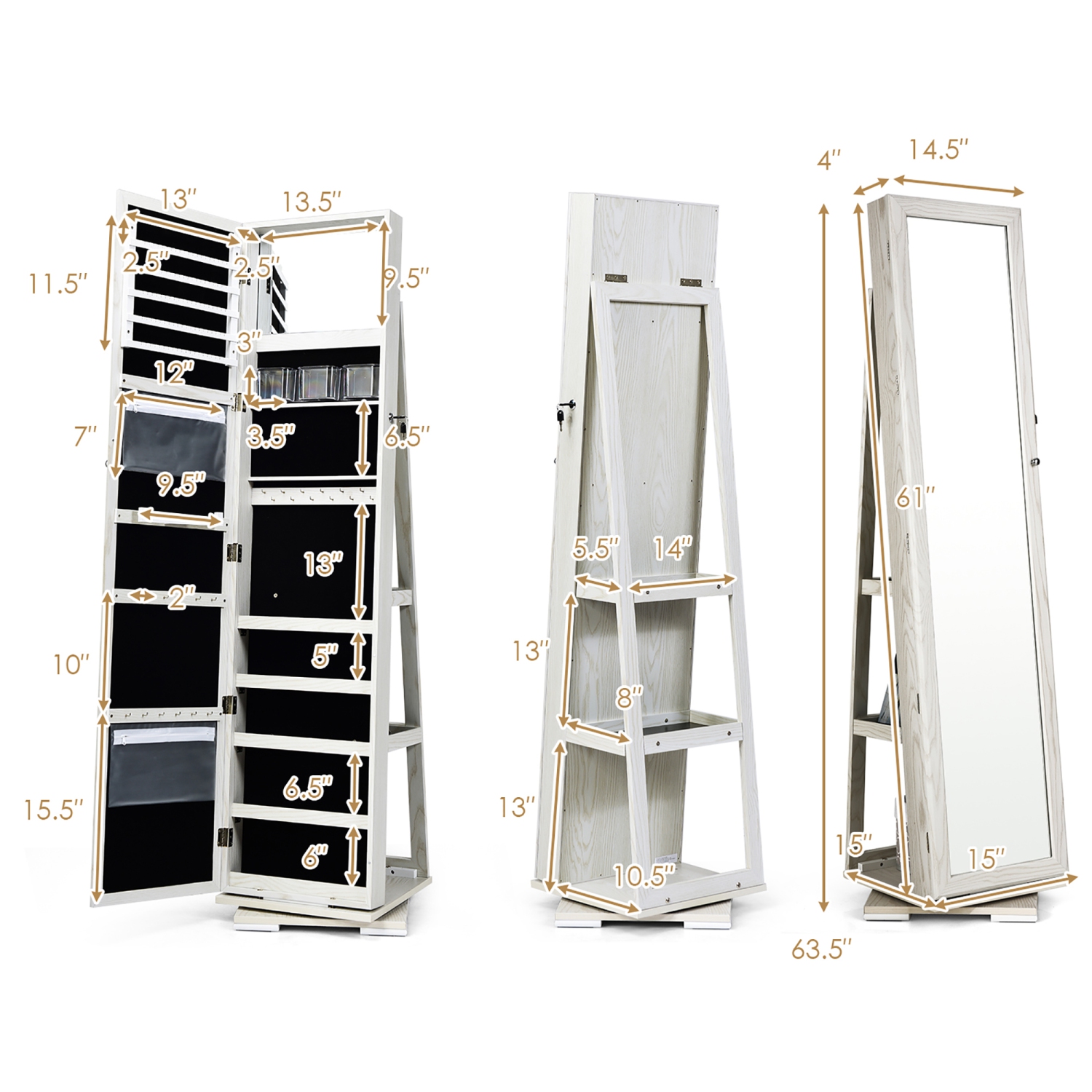 Costway 360degree Rotatable Jewelry Cabinet 2-in-1 Lockable Mirrored Organizer