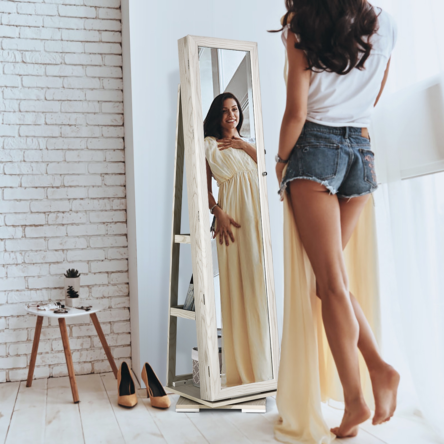 Costway 360degree Rotatable Jewelry Cabinet 2-in-1 Lockable Mirrored Organizer